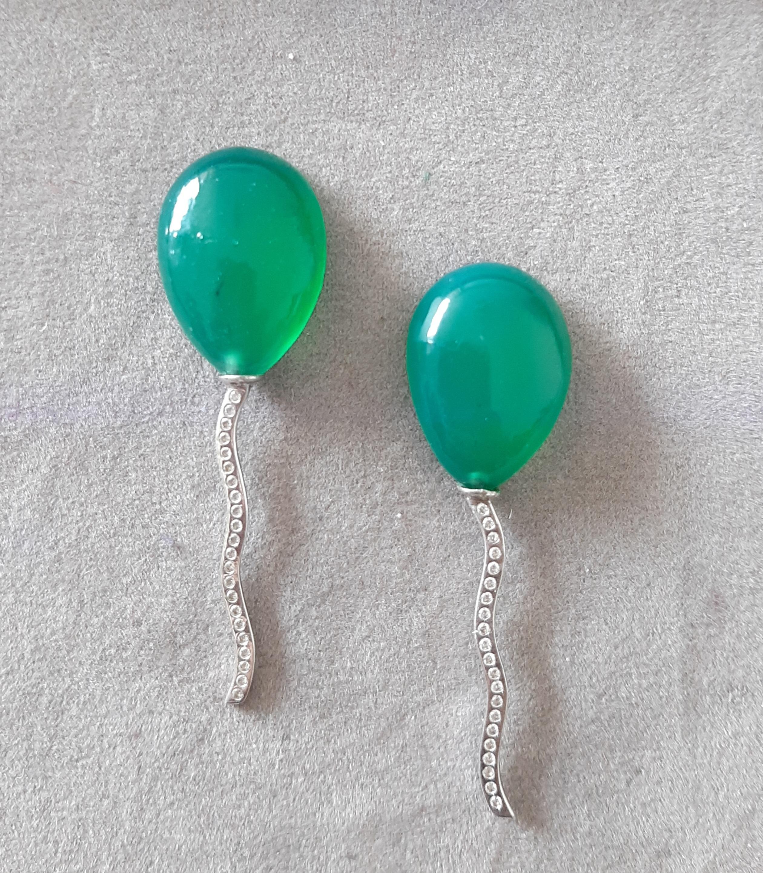 Women's Balloon Style Pear Shape Green Onyx Cabs Diamonds 14k White Gold Stud Earrings