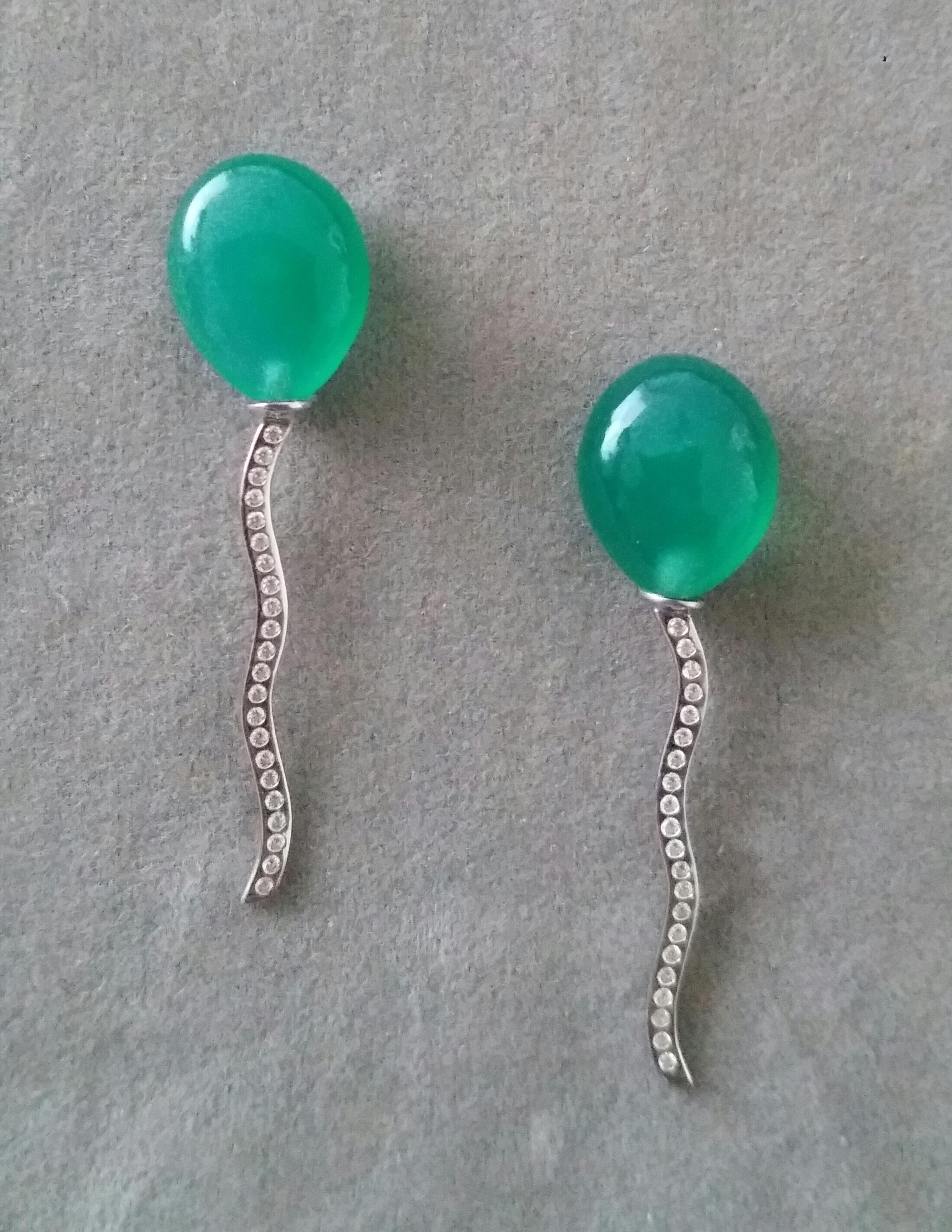 Women's Balloon Style Pear Shape Green Onyx Cabs Diamonds 14k White Gold Stud Earrings For Sale