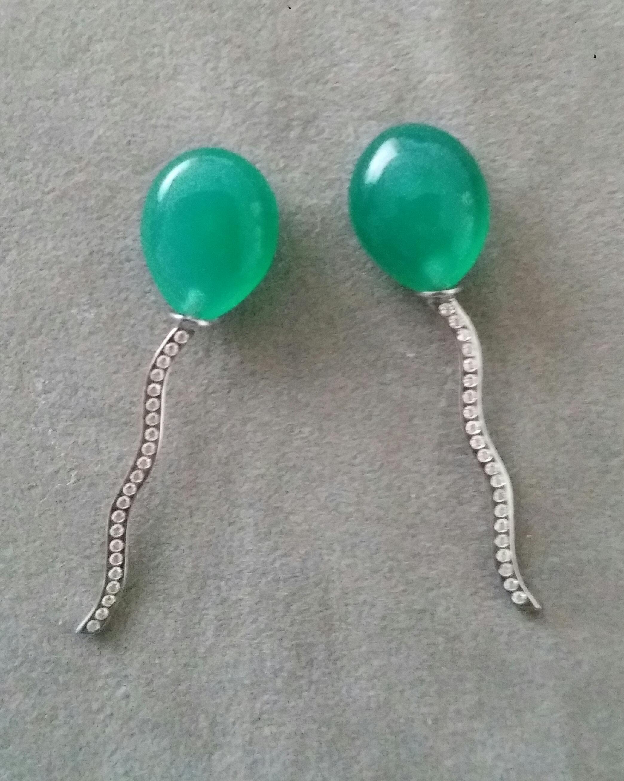 Balloon Style Pear Shape Green Onyx Cabs Diamonds 14k White Gold Stud Earrings For Sale 1