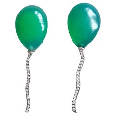 Balloon Style Pear Shape Green Onyx Cabs Diamonds 14k White Gold Stud Earrings