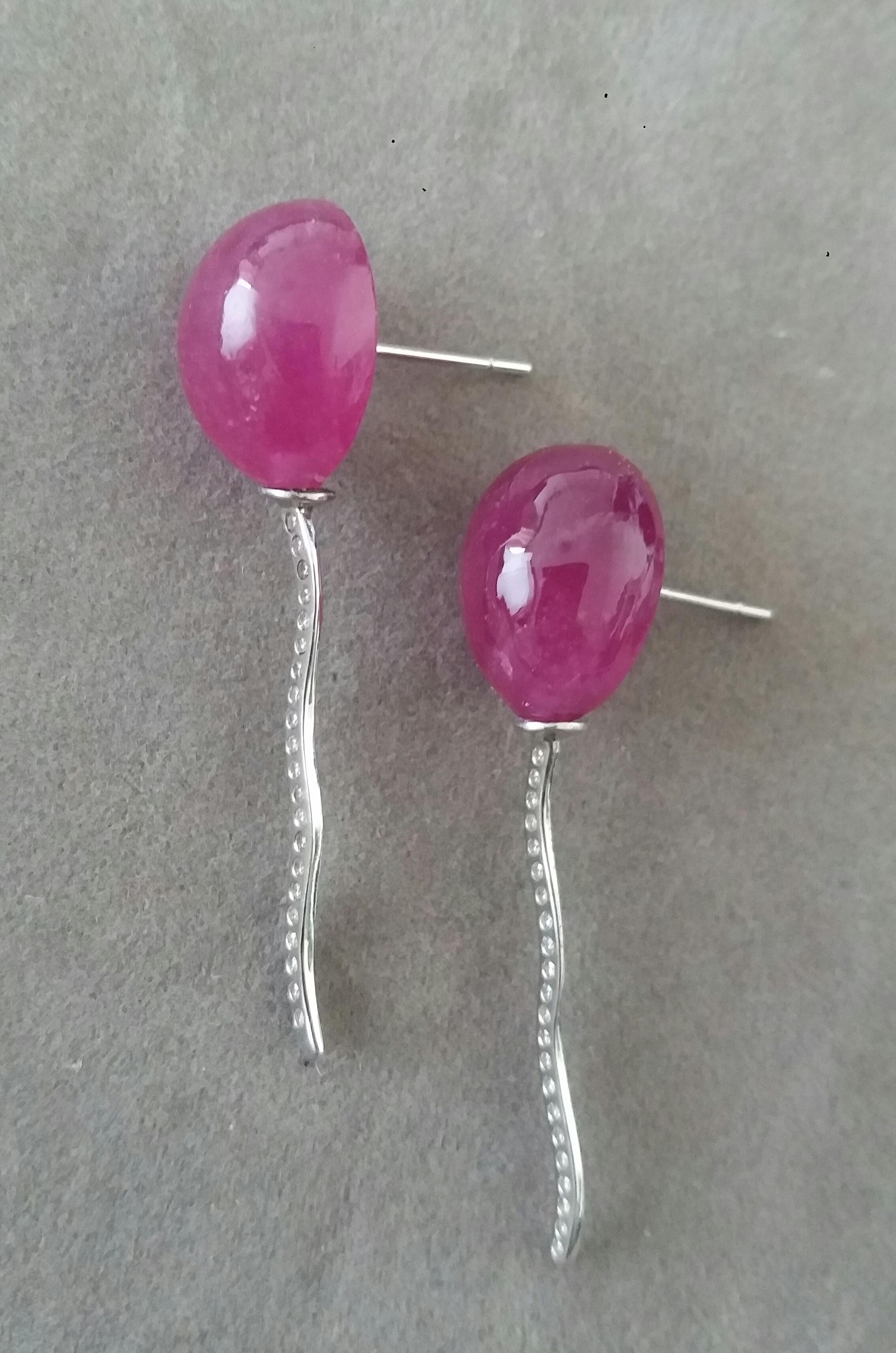 Balloon Style Pear Shape Natural Ruby Cabs Diamonds 14K White Gold Stud Earrings In New Condition For Sale In Bangkok, TH