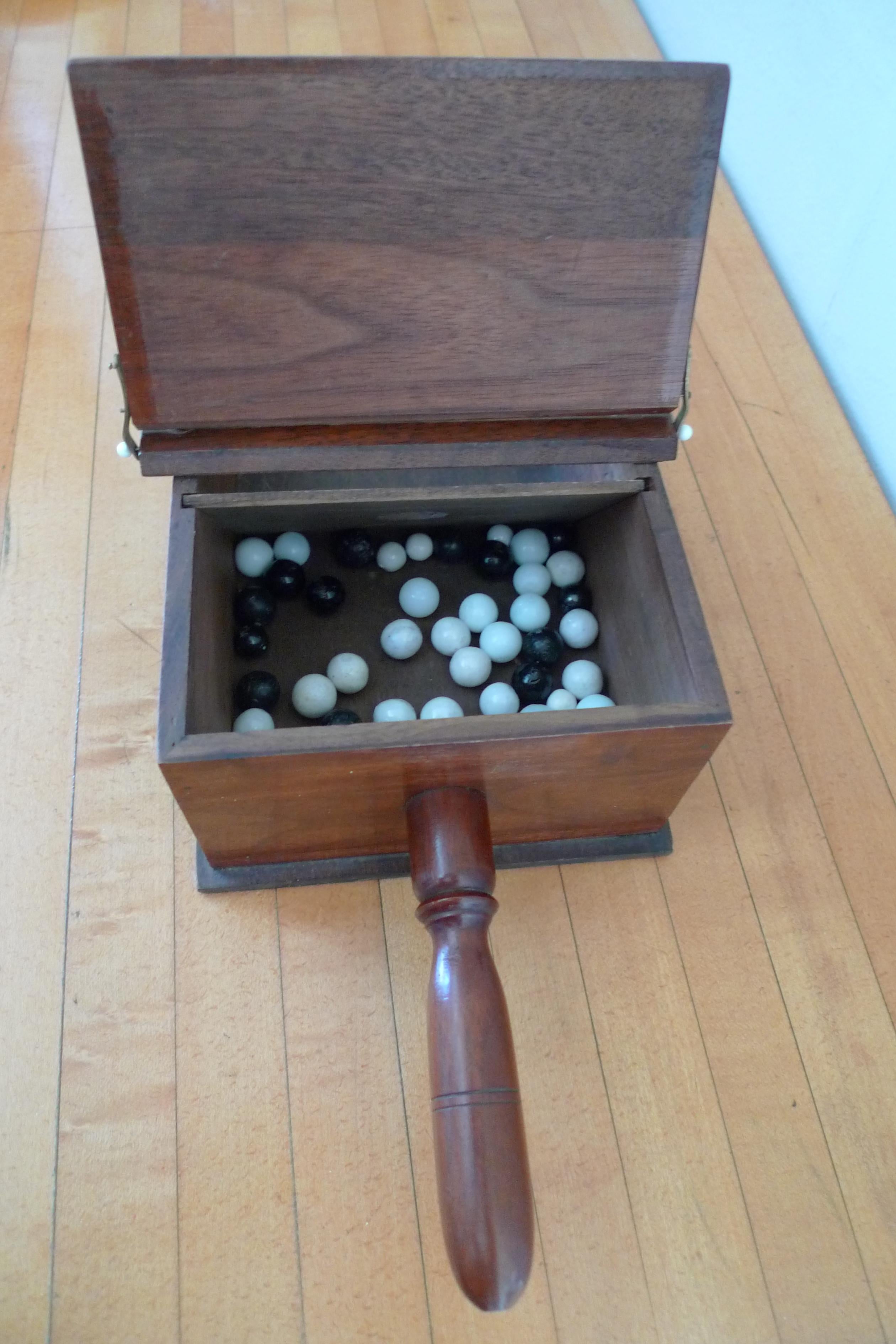 Ballot Box with Black and White Glass Balls in Handheld Lidded Walnut Box For Sale 4