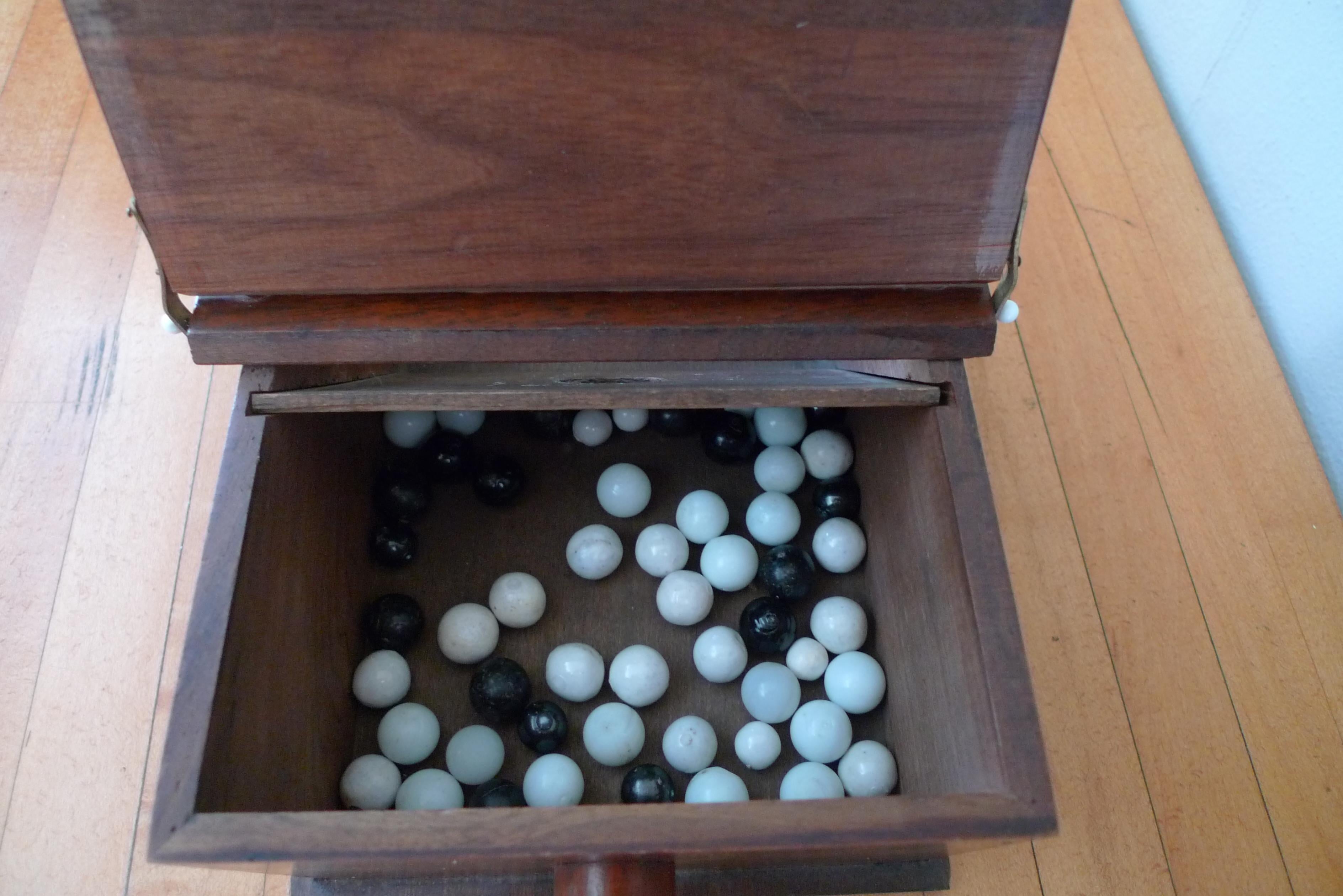 Ballot Box with Black and White Glass Balls in Handheld Lidded Walnut Box For Sale 5