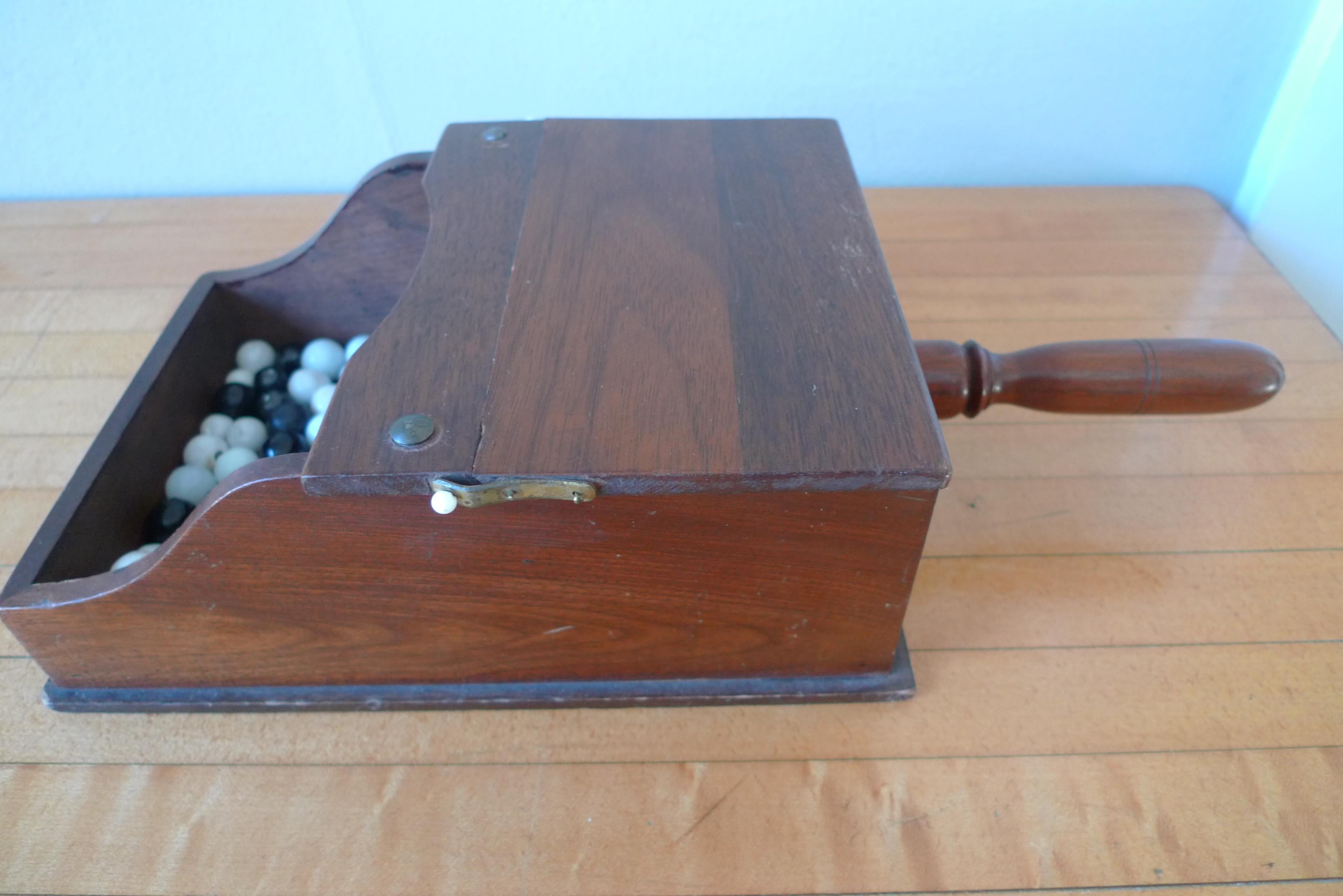 Ballot Box with Black and White Glass Balls in Handheld Lidded Walnut Box For Sale 1