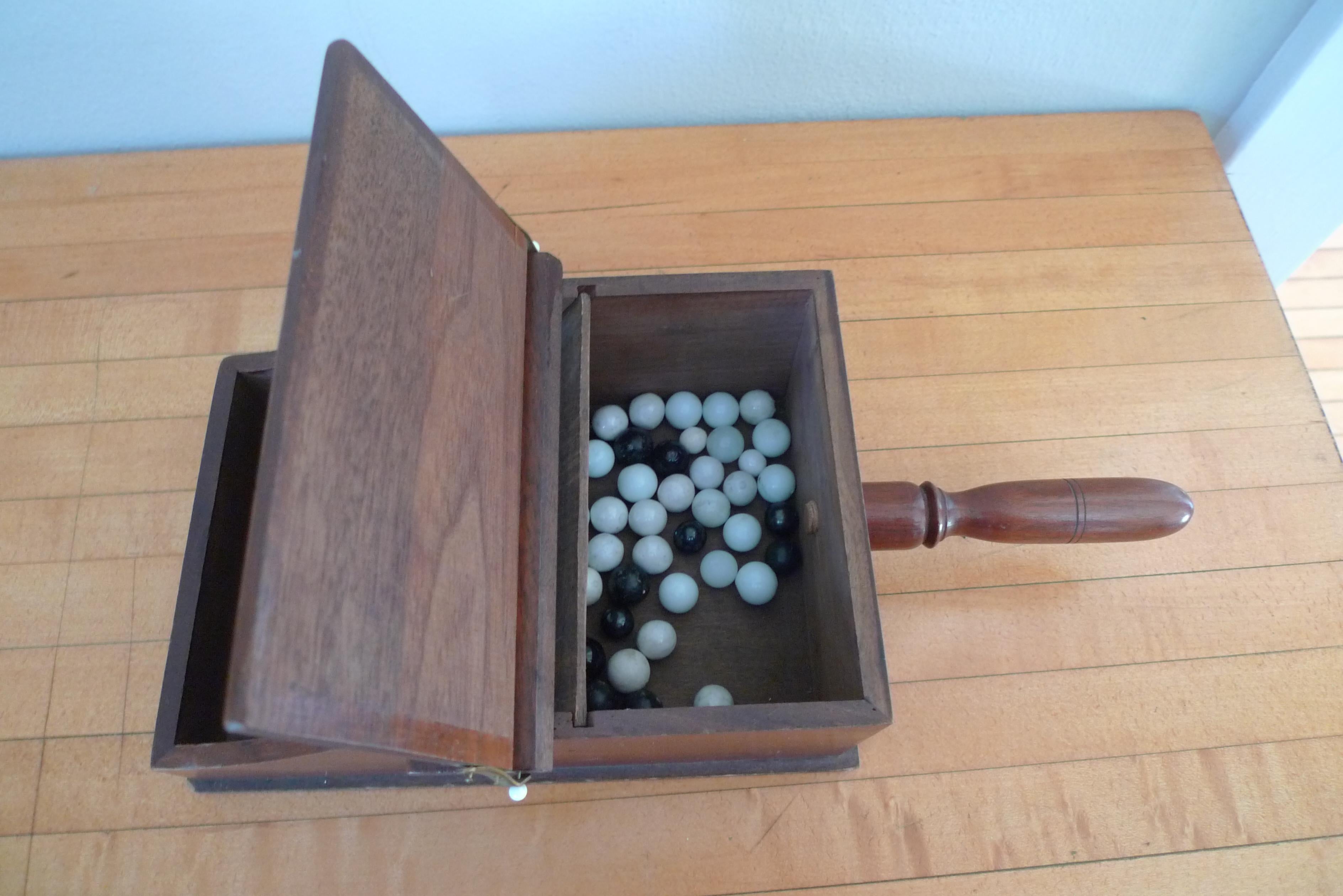 Ballot Box with Black and White Glass Balls in Handheld Lidded Walnut Box For Sale 3