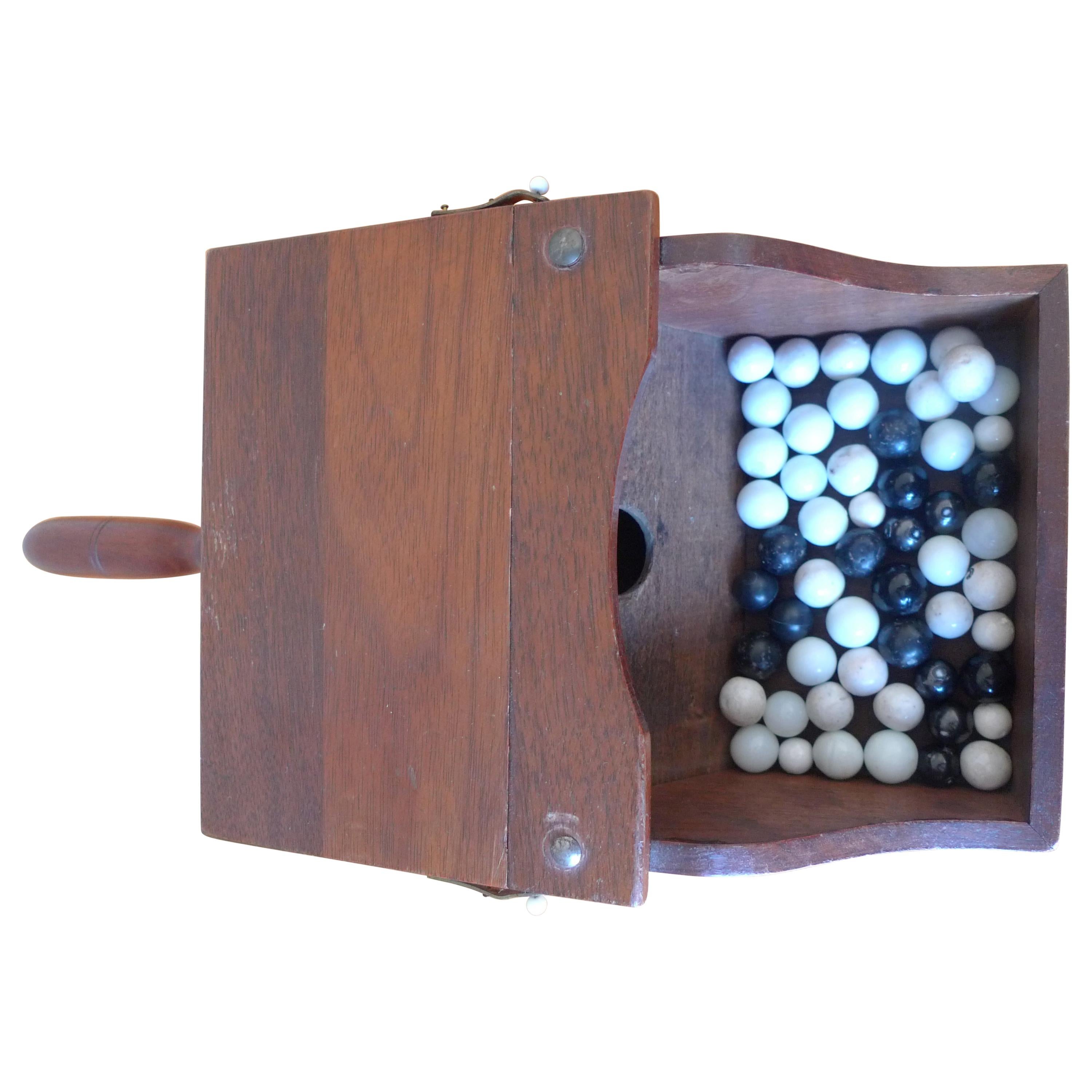 Ballot Box with Black and White Glass Balls in Handheld Lidded Walnut Box For Sale