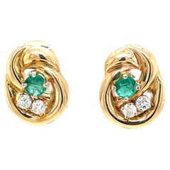 Ballou Emerald and Diamond 14 Karat Yellow Gold Knot Post Earrings