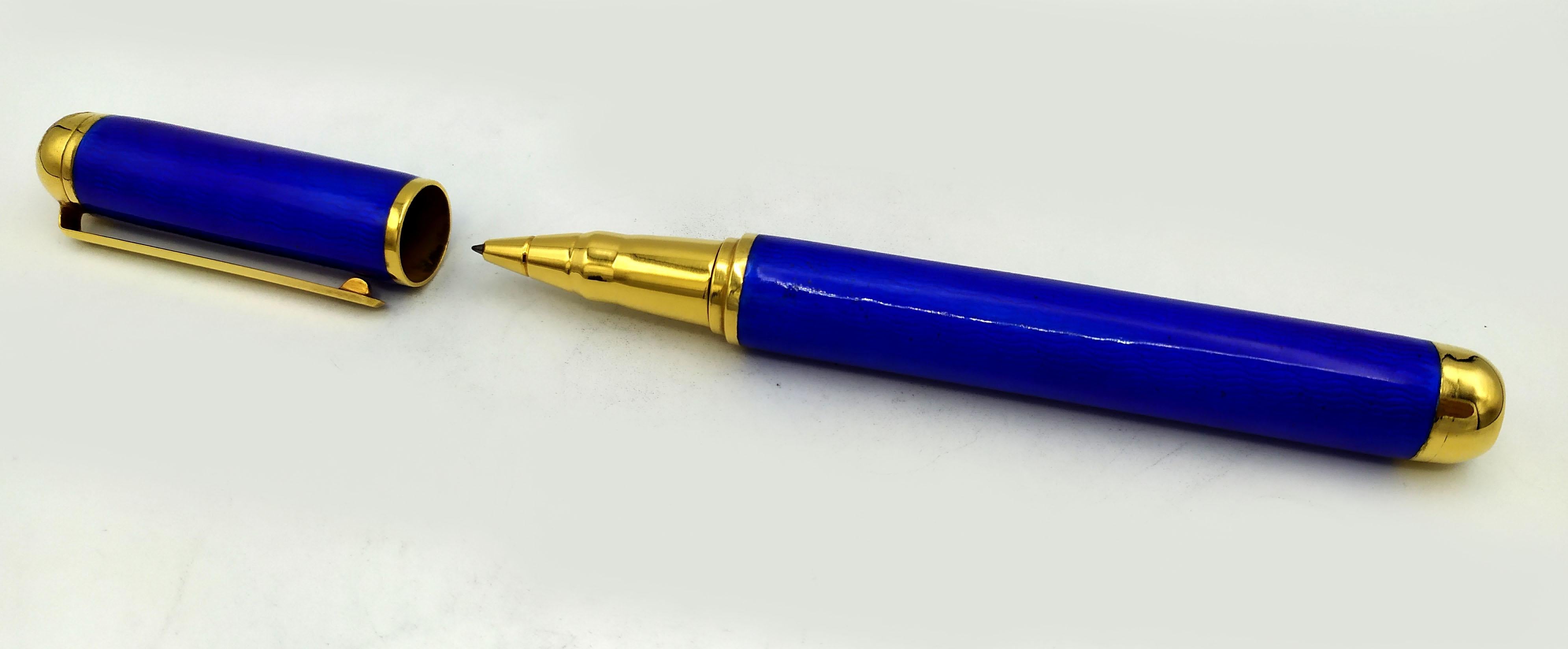 Italian Ballpoint Pen Modern Contemporary Style Blue Enamel Sterling Silver Salimbeni For Sale
