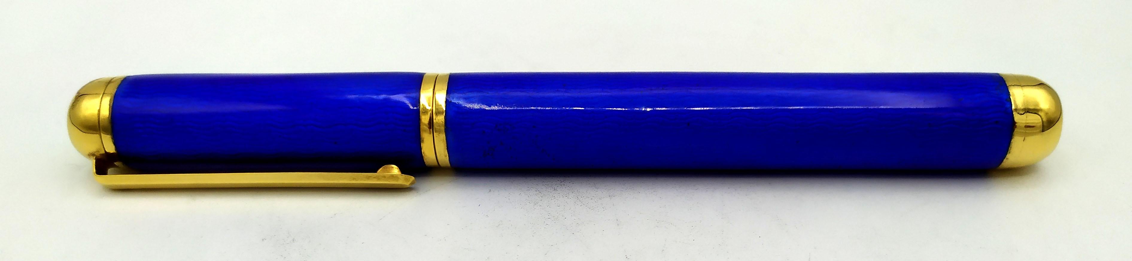Engraved Ballpoint Pen Modern Contemporary Style Blue Enamel Sterling Silver Salimbeni For Sale