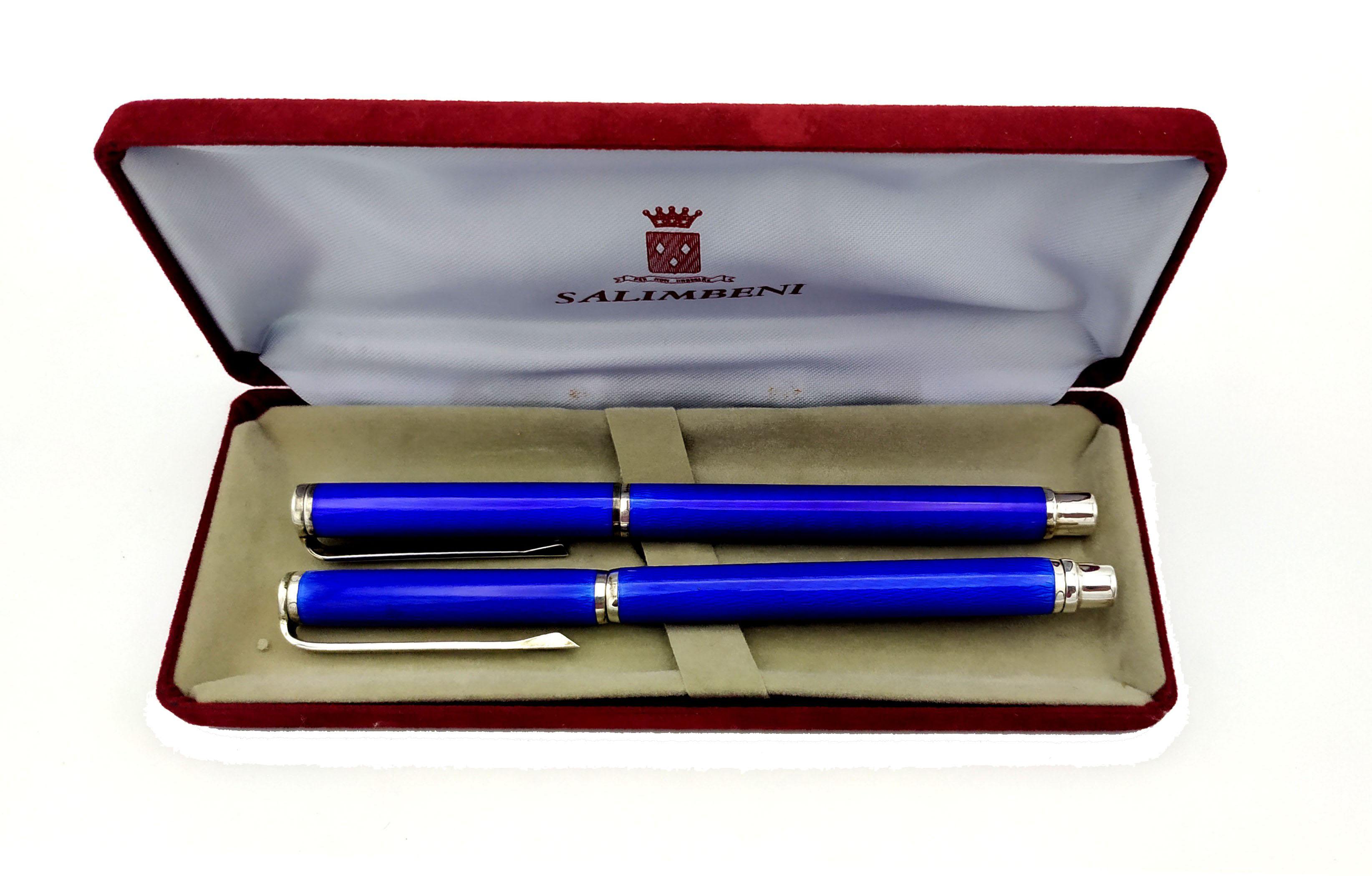 Italian Ballpoint Pen Sterling Silver with Translucent Fired Enamel Guilloche Salimbeni