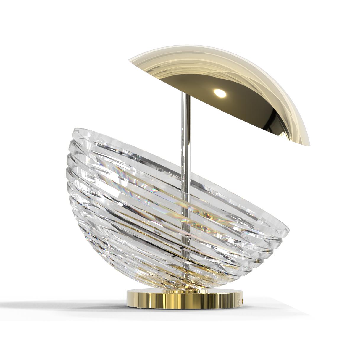 Ballance your life with decorative table lamp Ballu. 
Glowing beneath the transparent crust of purest crystal,
the light is refracted through cut lines, to cast a stunning light.

Ballu table lamp is handmade of one hemisphere of the purest,