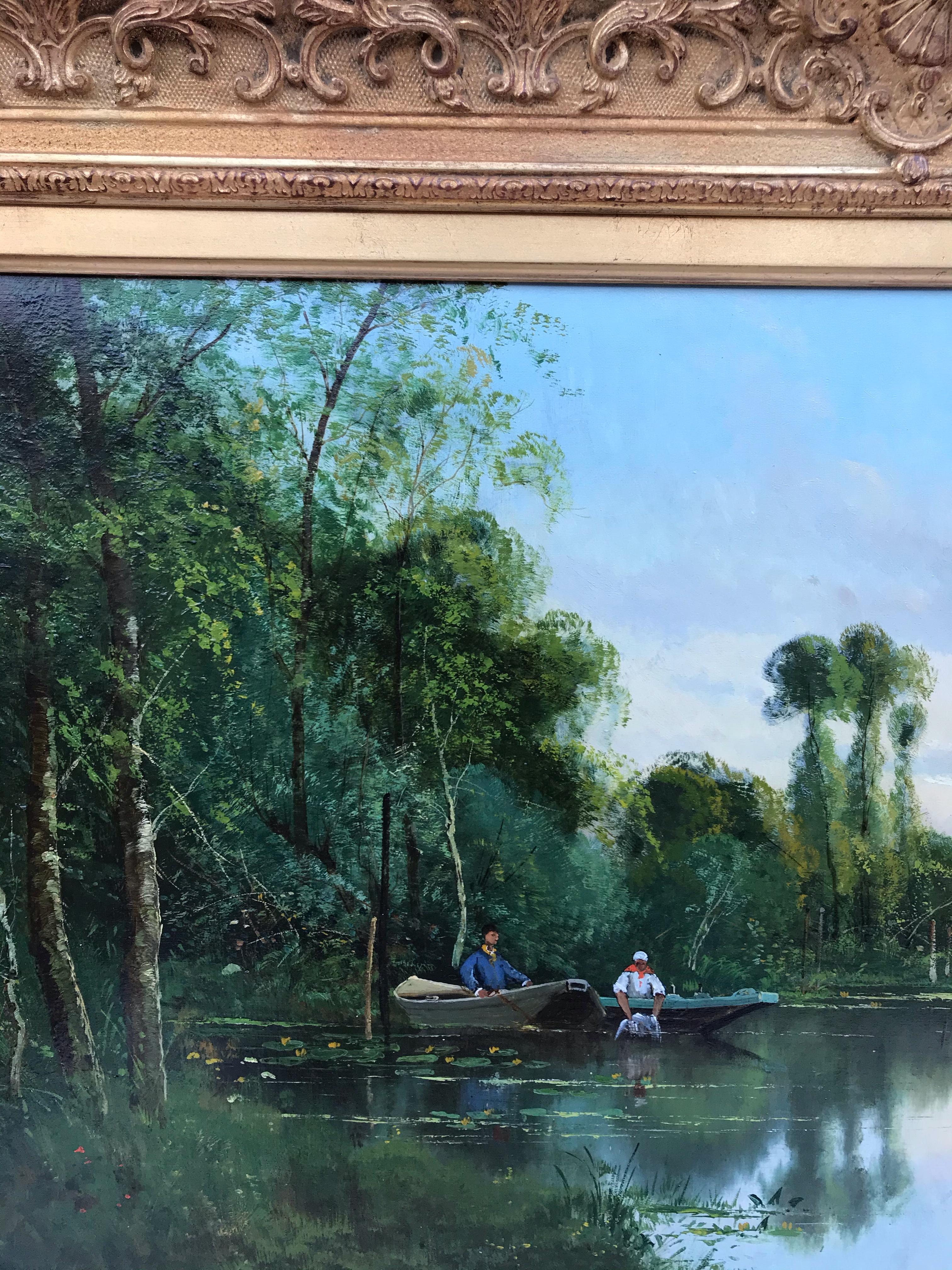 Landscape by The River With Characters - Original Painting 1880 For Sale 1