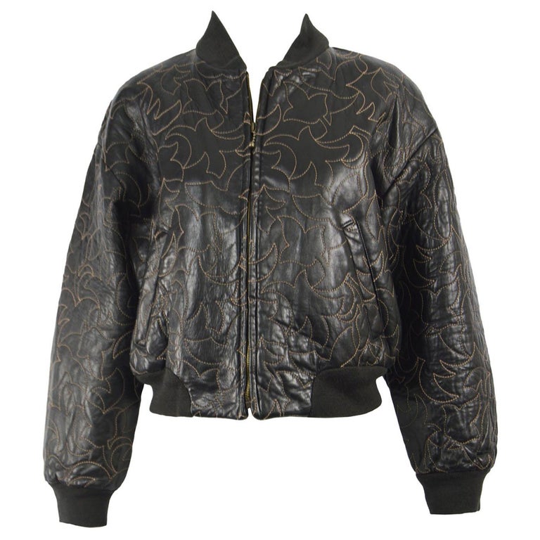 Bally 1980s Women's Black Leather Running Stitch Embroidered Bomber ...