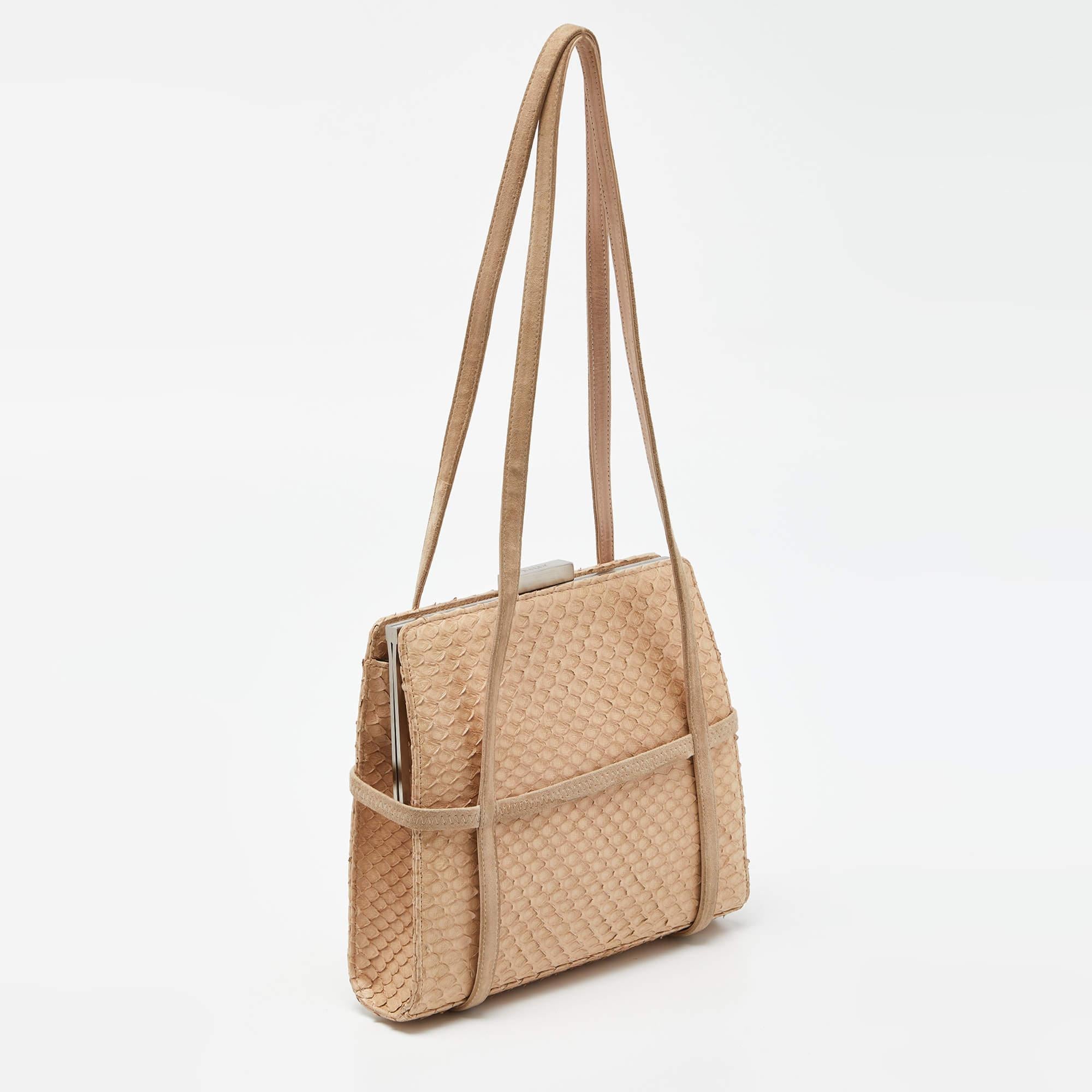 Bally Beige Watersnake Leather and Suede Metal Frame Shoulder Bag In Good Condition For Sale In Dubai, Al Qouz 2