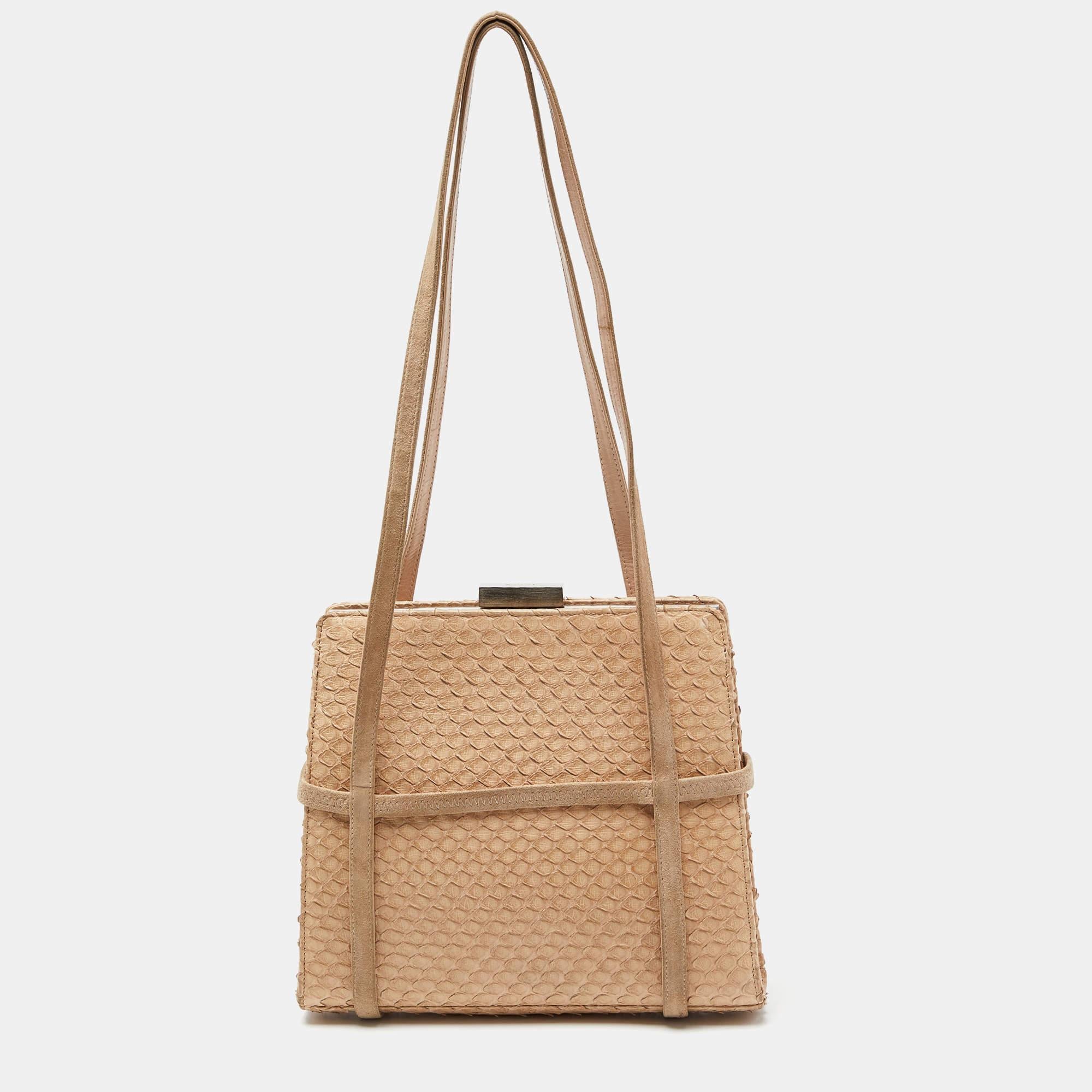Women's Bally Beige Watersnake Leather and Suede Metal Frame Shoulder Bag For Sale