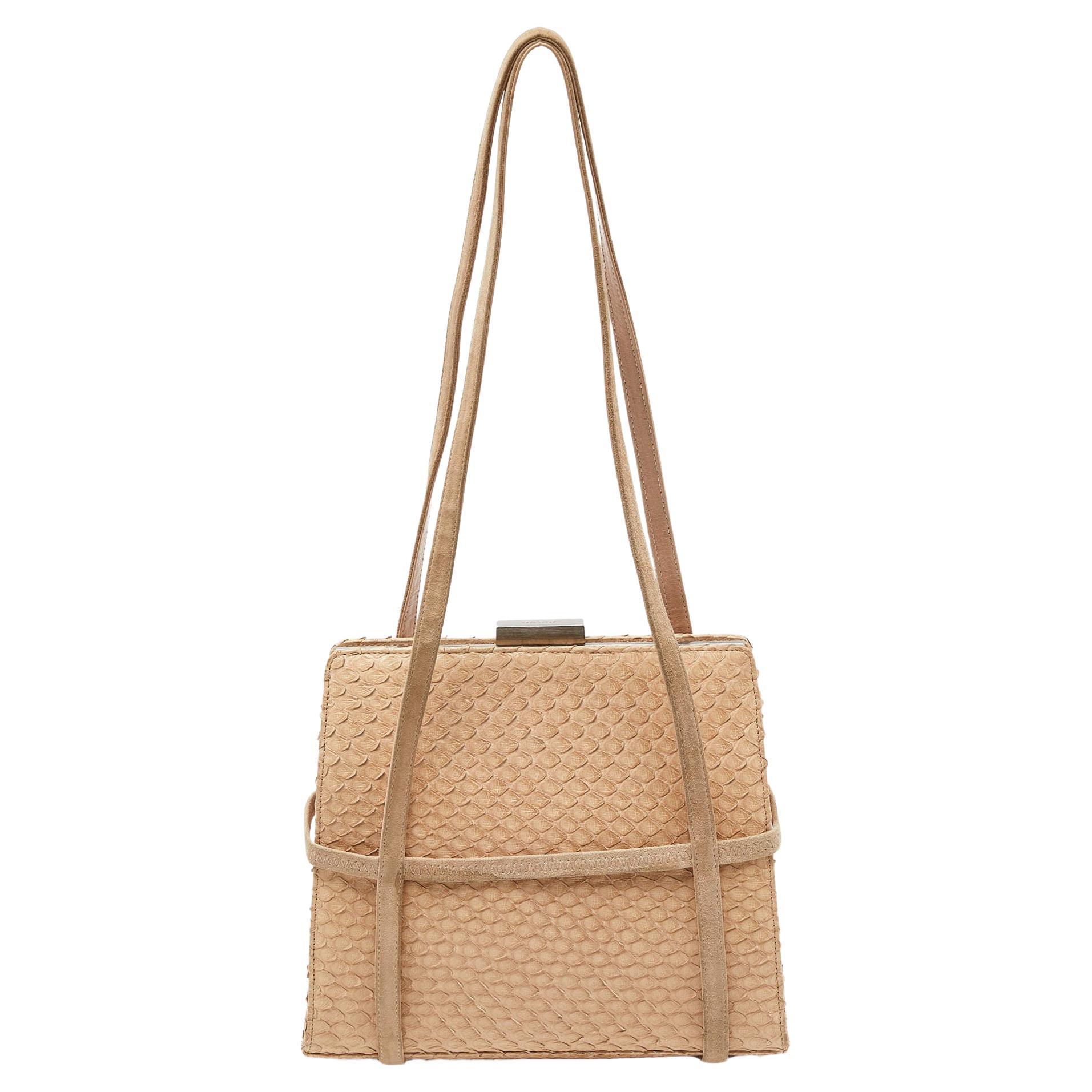 Bally Beige Watersnake Leather and Suede Metal Frame Shoulder Bag For Sale