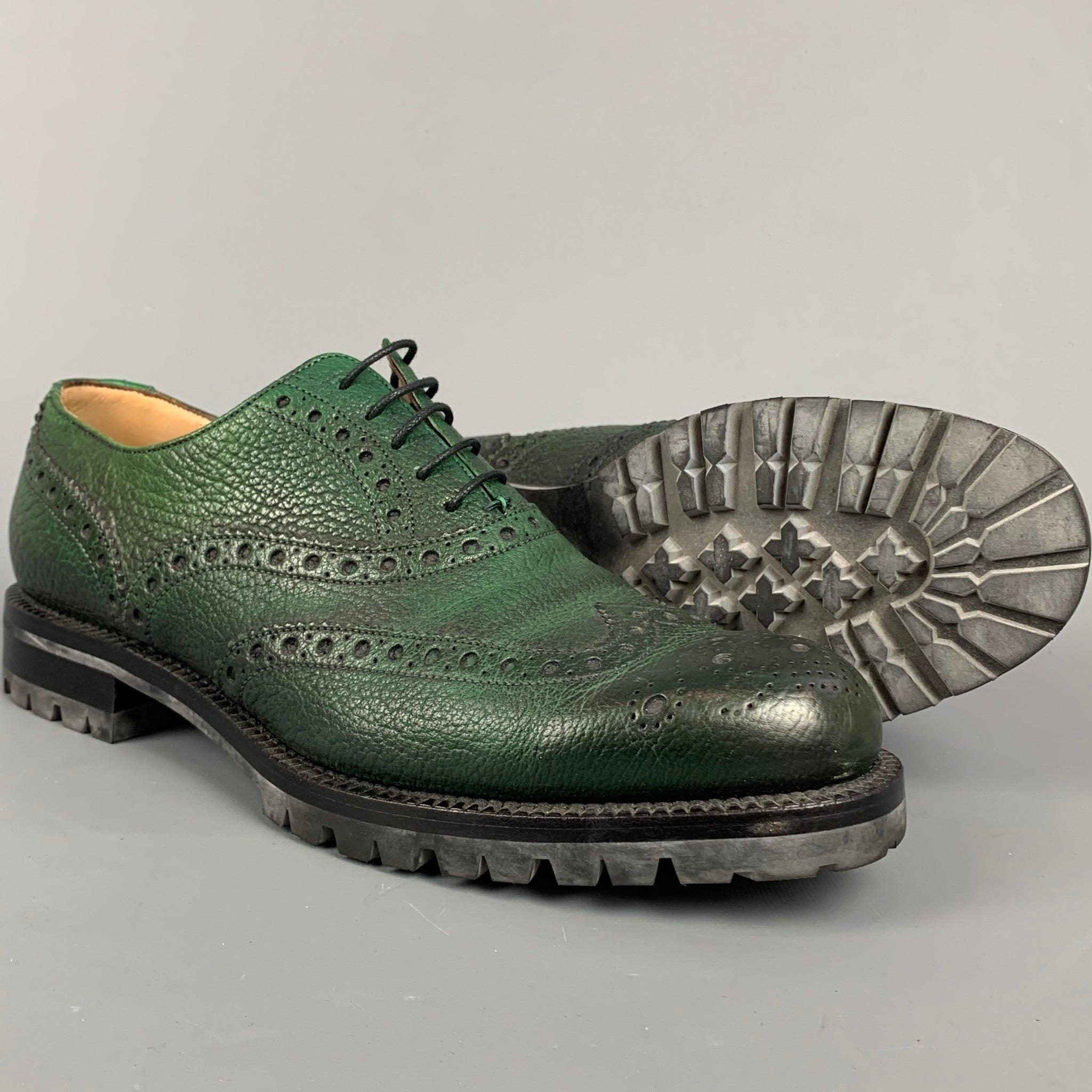Black BALLY Bindy Size 10 Green Perforated Leather Wingtip Lace Up Shoes