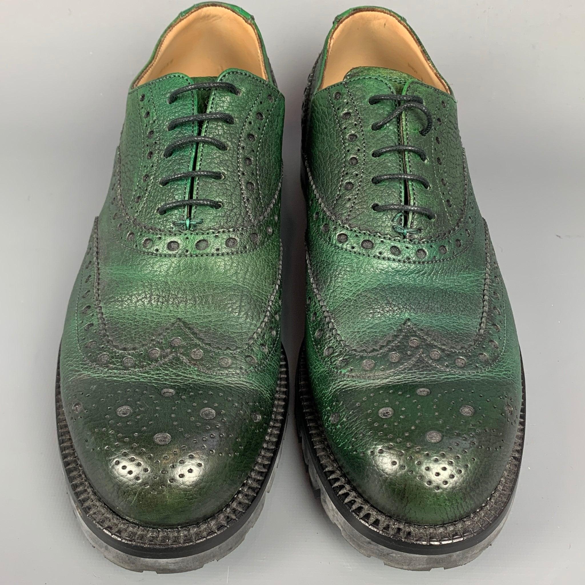 BALLY Bindy Size 10 Green Perforated Leather Wingtip Lace Up Shoes In Good Condition In San Francisco, CA
