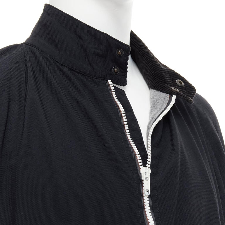 BALLY black corduroy collar grey soft jersey lined bomber jacket S Reference: INYG/A00014 Brand: Bally Color: Black Pattern: Solid Closure: Zip Extra Detail: Corduroy collar. Snap button zip front closure. Zip and snap button flap pockets. Estimated