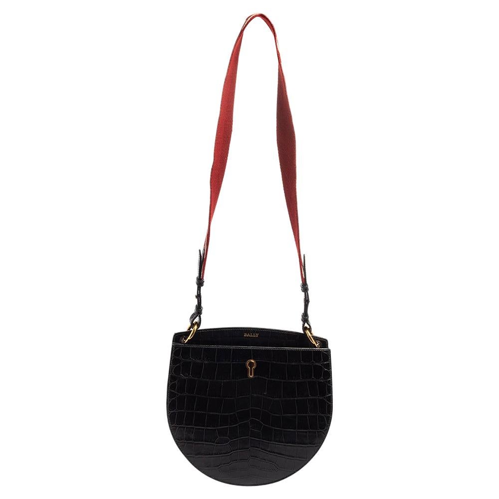Bally Black Croc Embossed Leather Cecycle Crossbody Bag