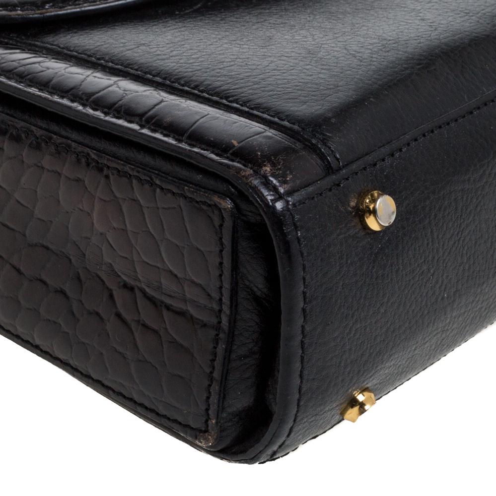 Women's Bally Black Croc Embossed Leather Vintage Flap Shoulder Bag