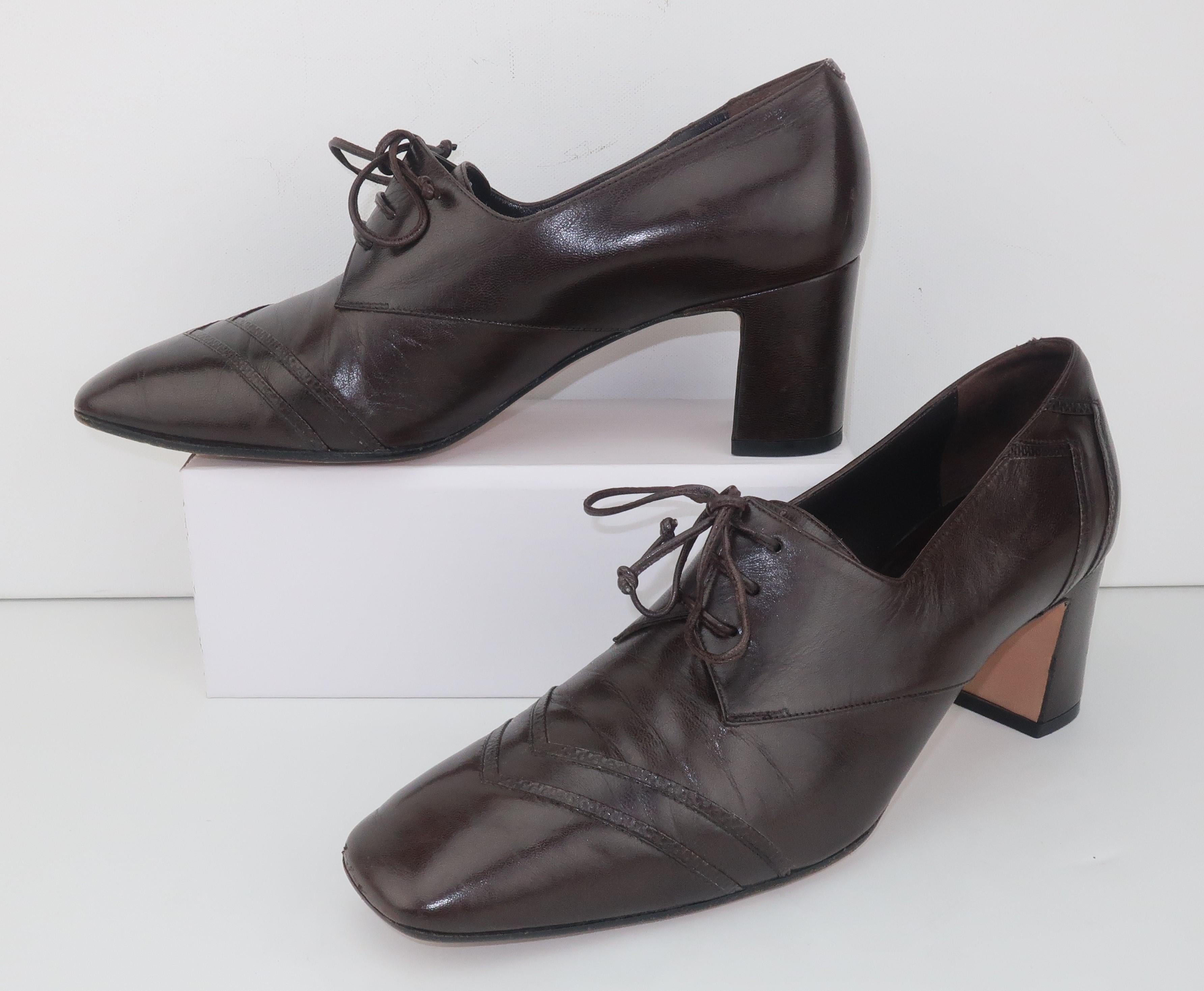 Bally dark brown leather oxford style shoe with Karung snakeskin details and sensible 2.5