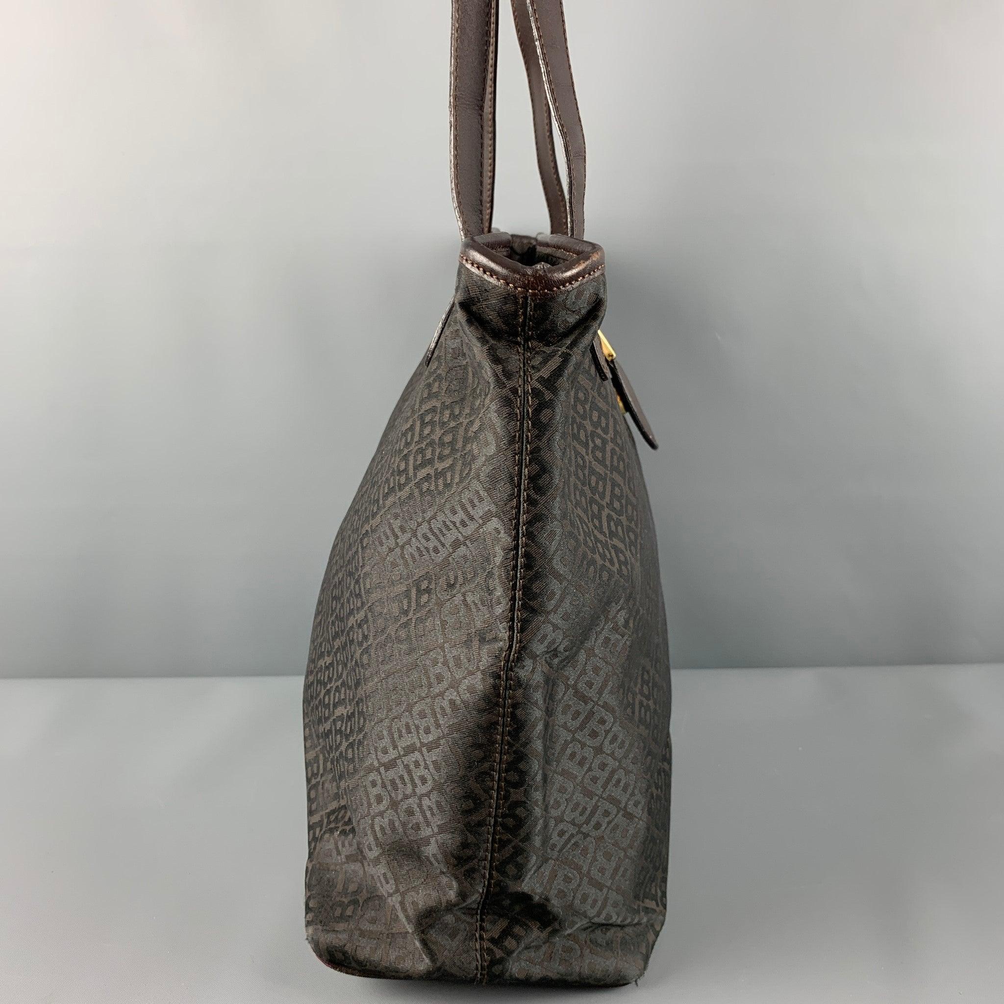 BALLY Brown Monogram Nylon Leather Tote Handbag In Good Condition For Sale In San Francisco, CA