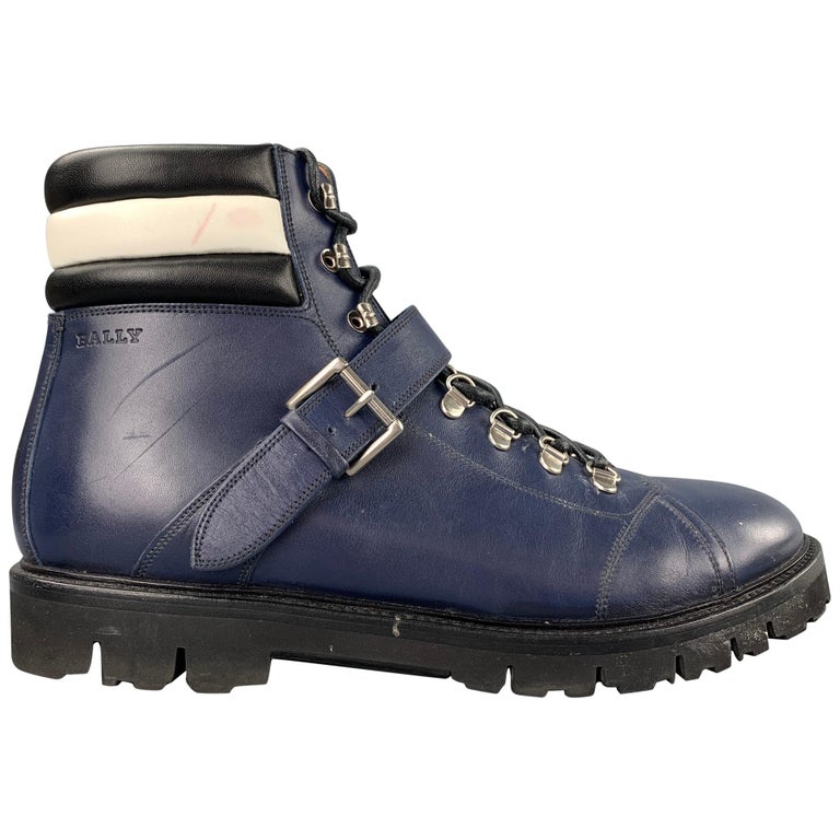 BALLY Champions Size 10 Navy and White Leather Hiking Ankle Boots at 1stDibs
