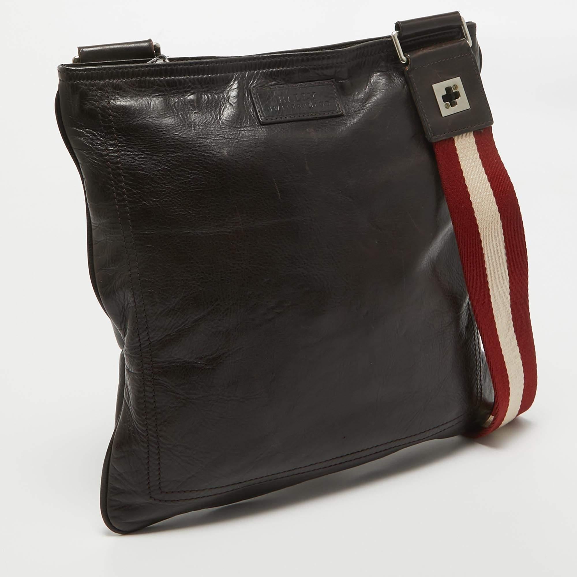 Black Bally Choco Brown Leather Messenger Bag