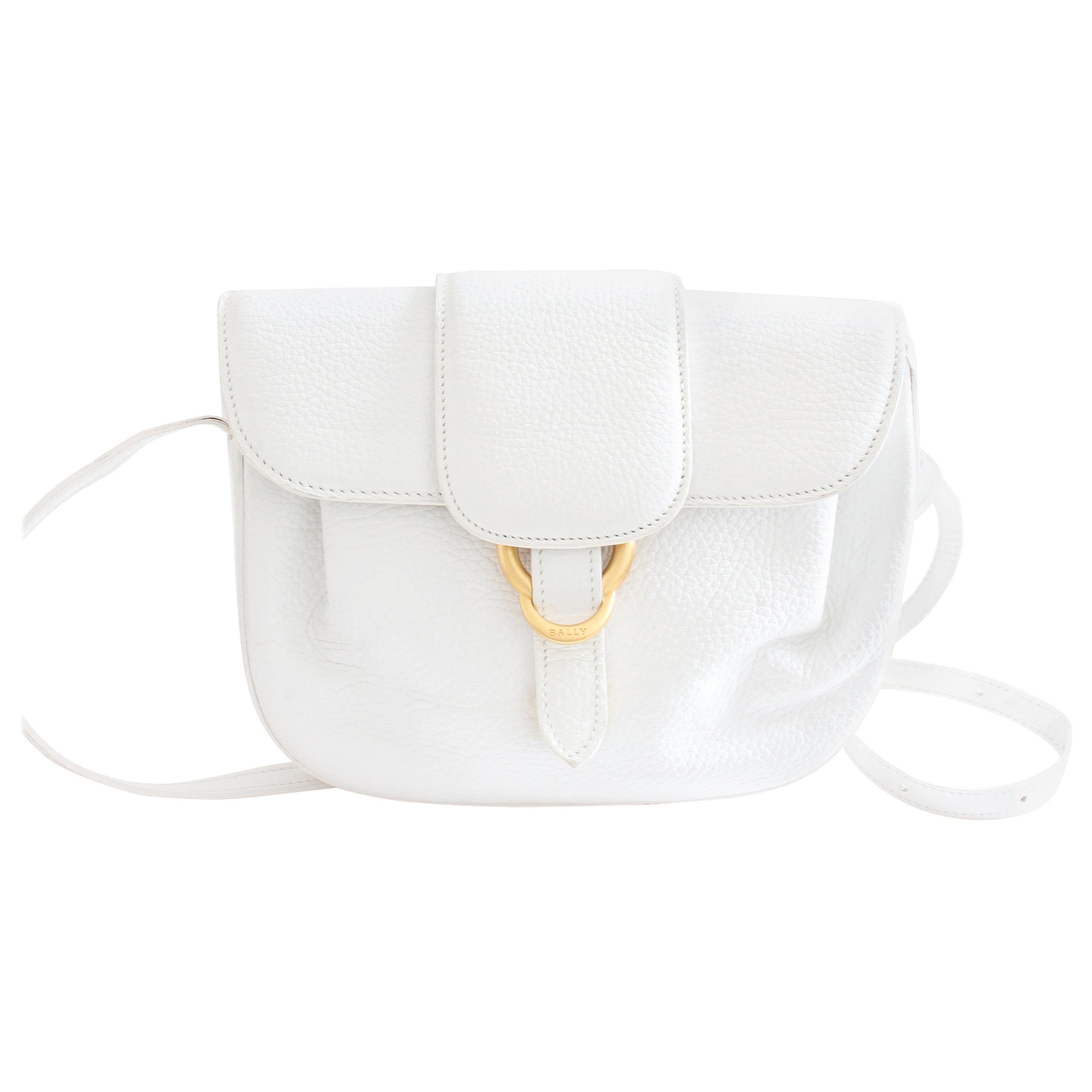 Bally Crossbody Bag White Pebbled Leather Top Flap Shoulder Bag Italy Vintage For Sale