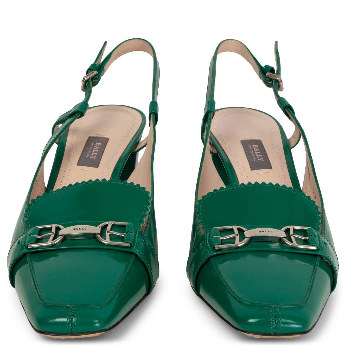 100% authentic Bally slingbacks in emerald green patent leather. They feature a block heel and a silver-tone metal logo detail. Brand new. 

Measurements
Imprinted Size	39
Shoe Size	39
Inside Sole	26cm (10.1in)
Width	8cm (3.1in)
Heel	6cm