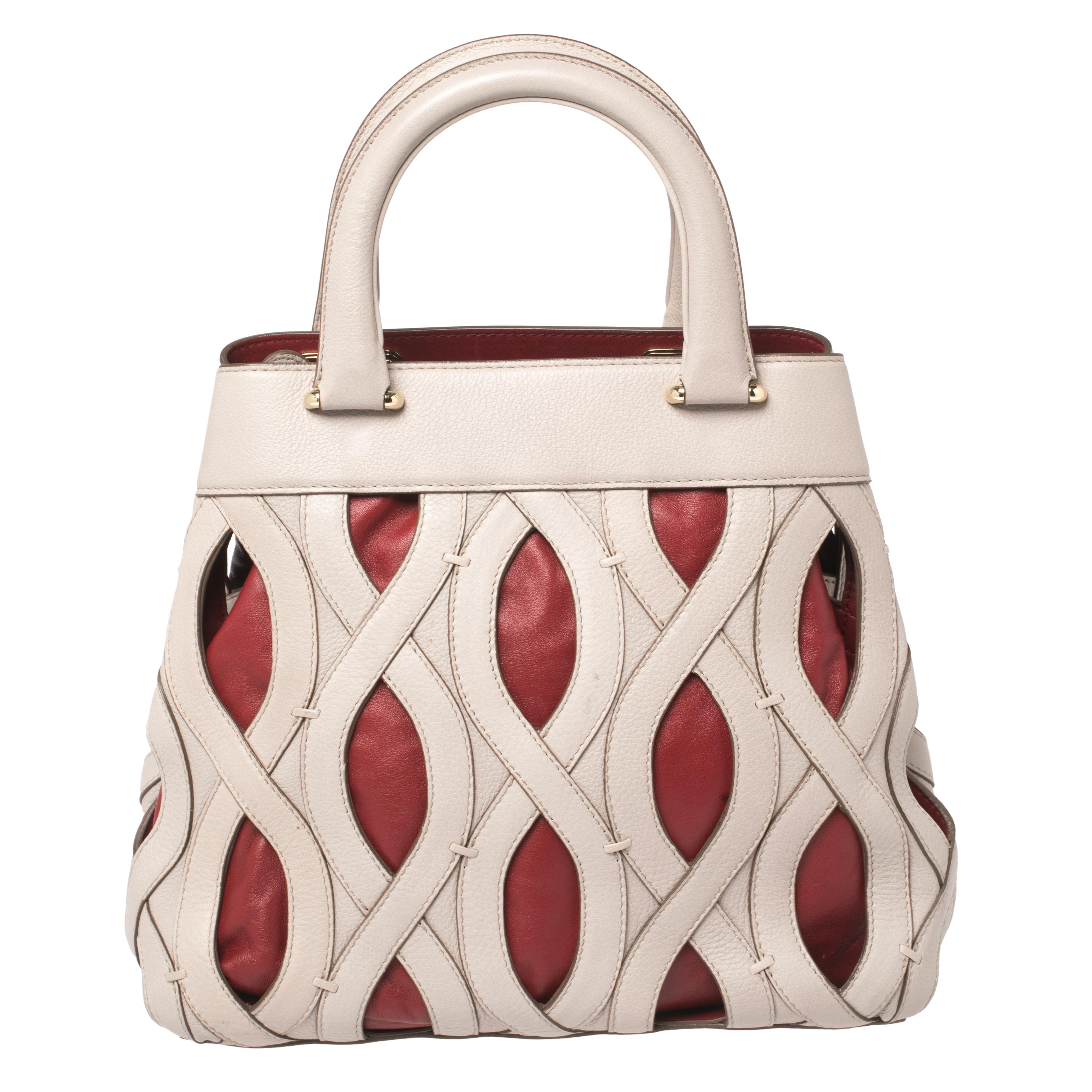 Beige Bally Grey/Red Leather Papillon Tote