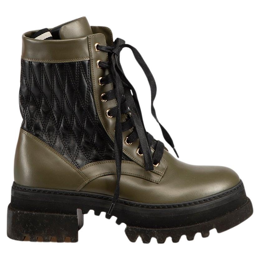 Bally Khaki Leather Quilt Panel Combat Boots Size IT 38