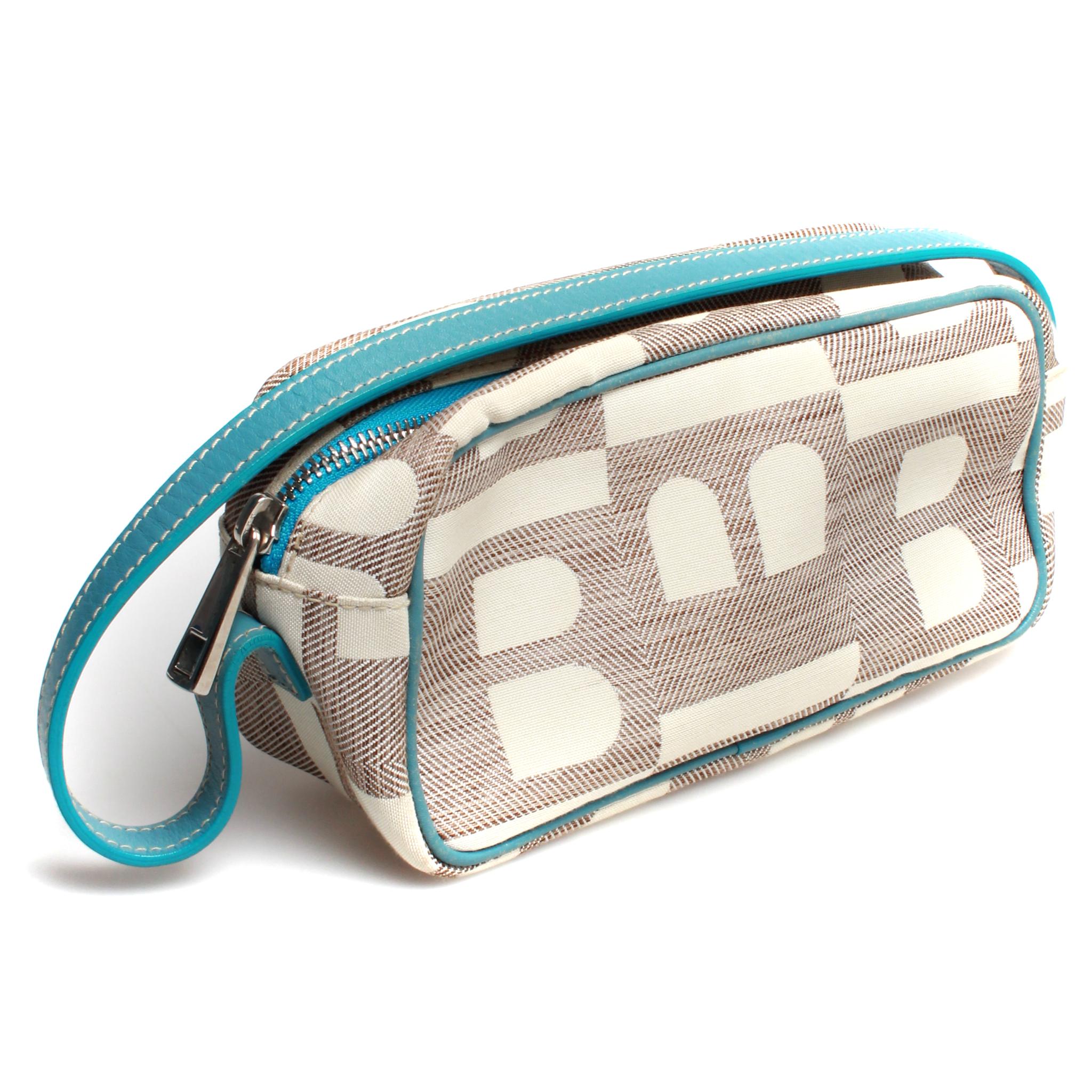 Cute as a button BALLY small clutch bag with blue strap with classic B monogram fabric. Can be used as makeup case, pencil case or casual day clutch.