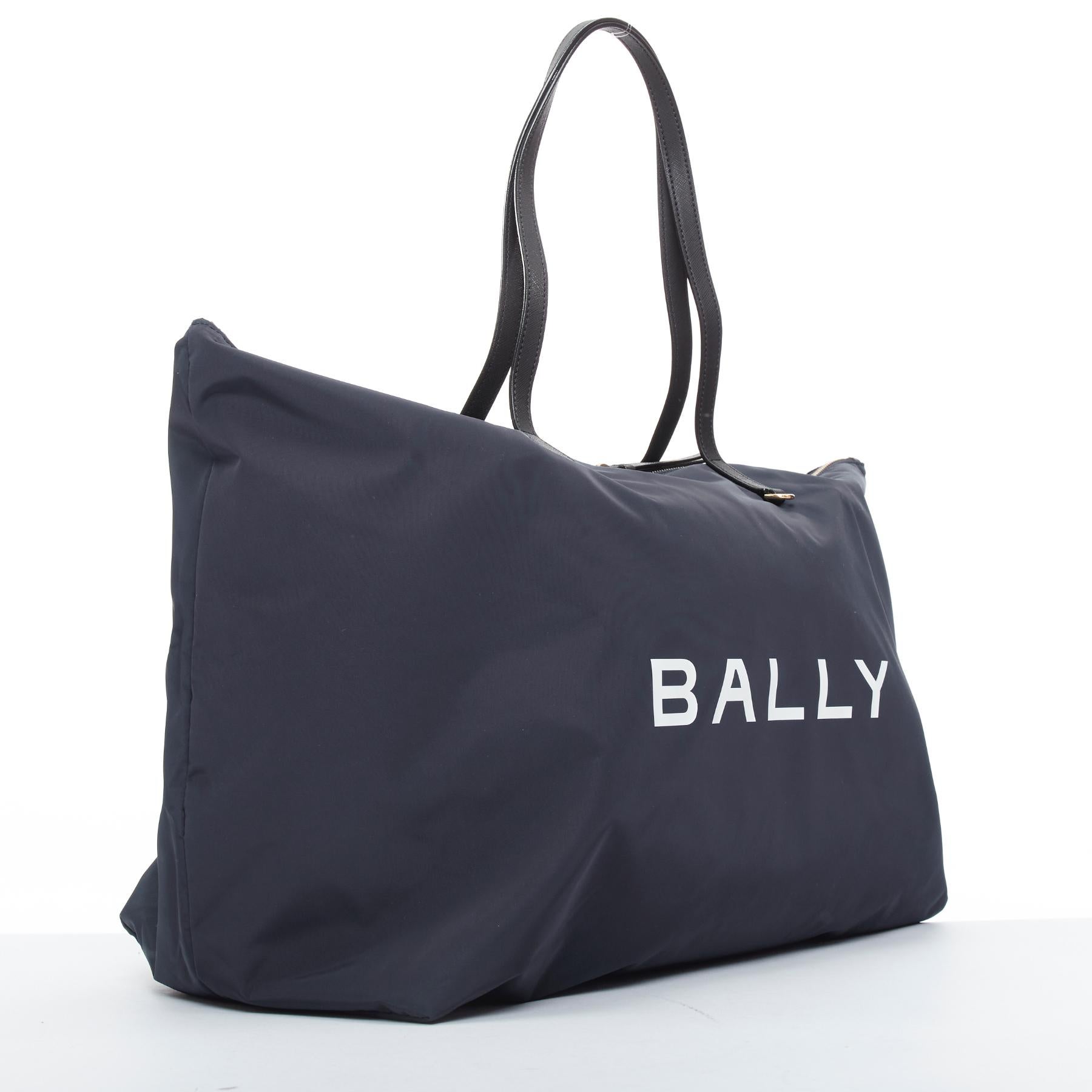 Black BALLY navy nylon white logo travel luggage foldable shoulder tote bag For Sale