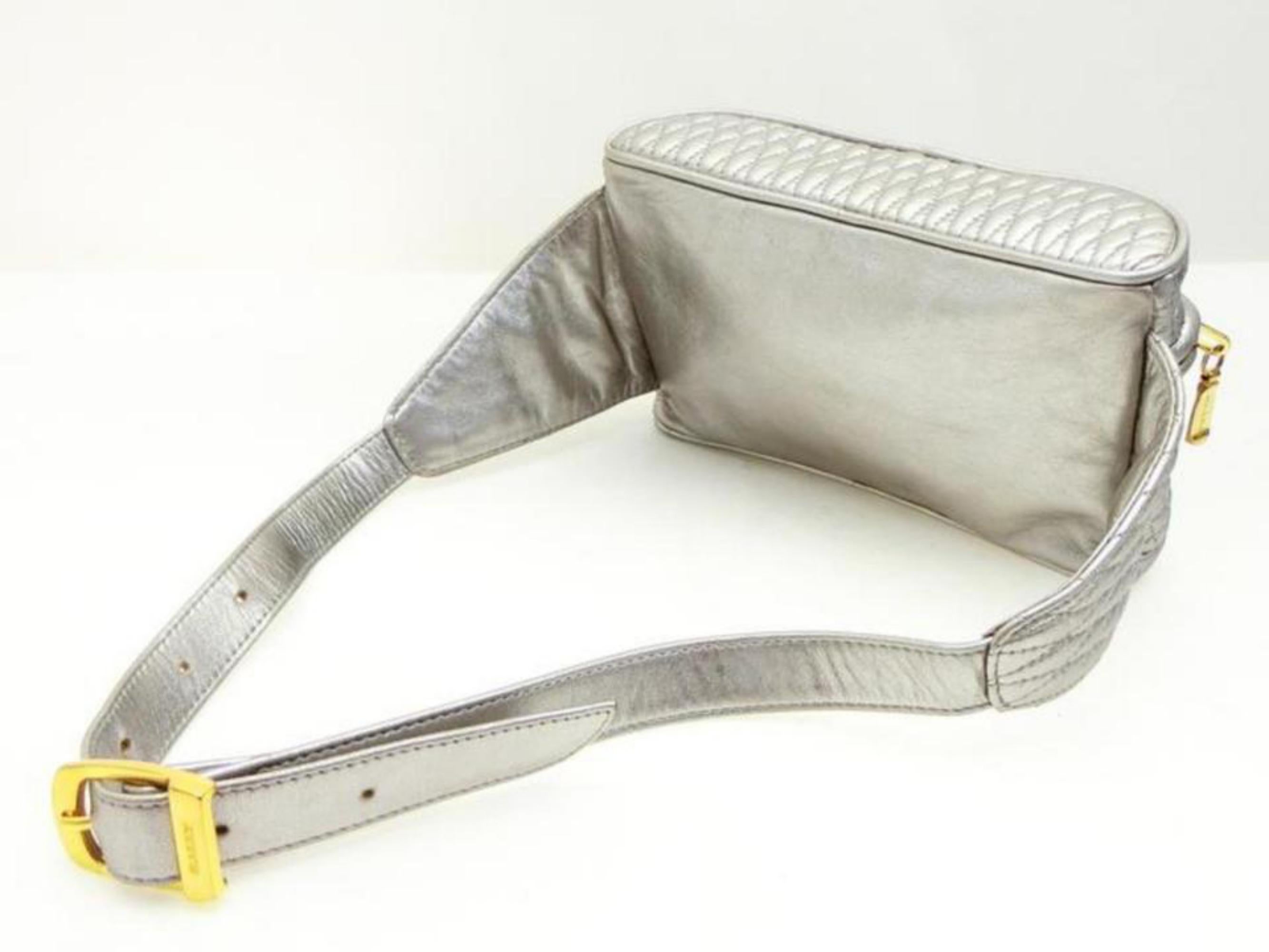 Women's Bally Quilted Waist Pouch Fanny Pack 230672 Silver Leather Cross Body Bag