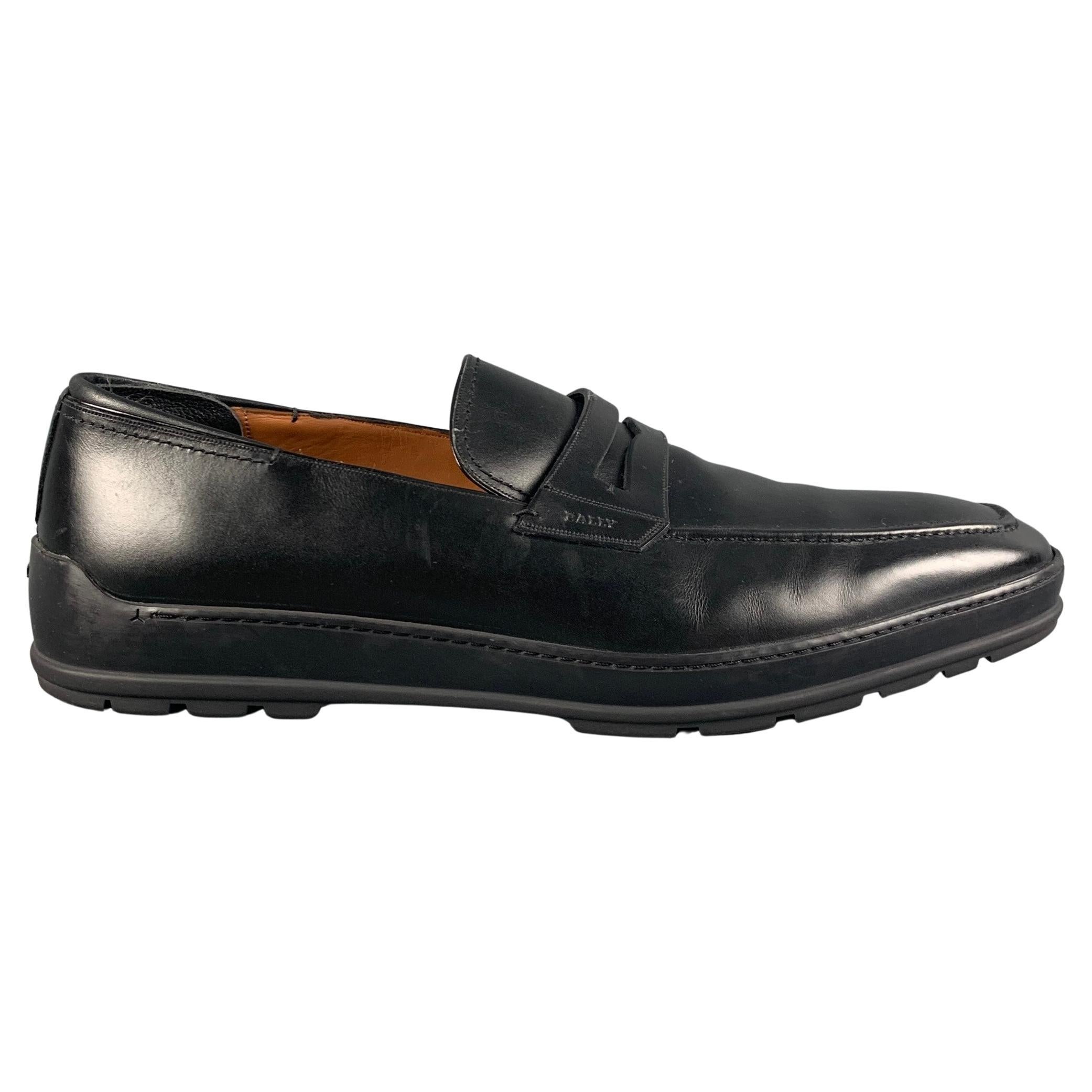 BALLY Size 10 Black Leather Penny Relon Loafers