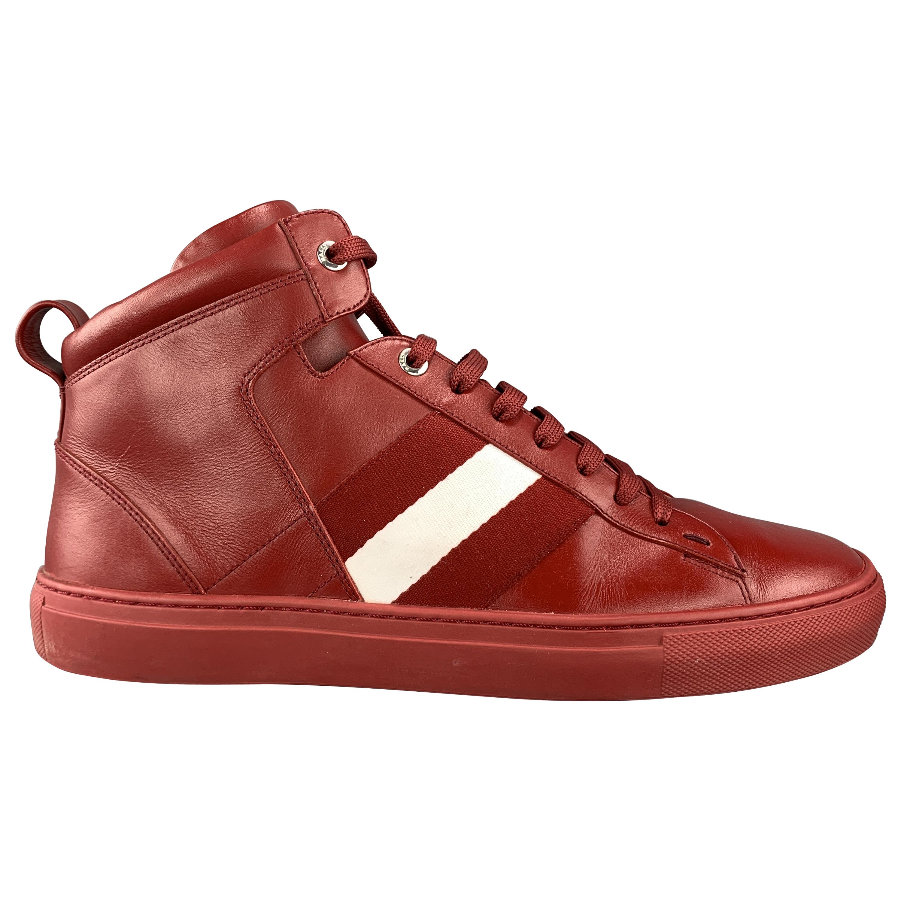 BALLY Size 10 Burgundy Leather White Webbing Stripe Hedern High Top Sneakers