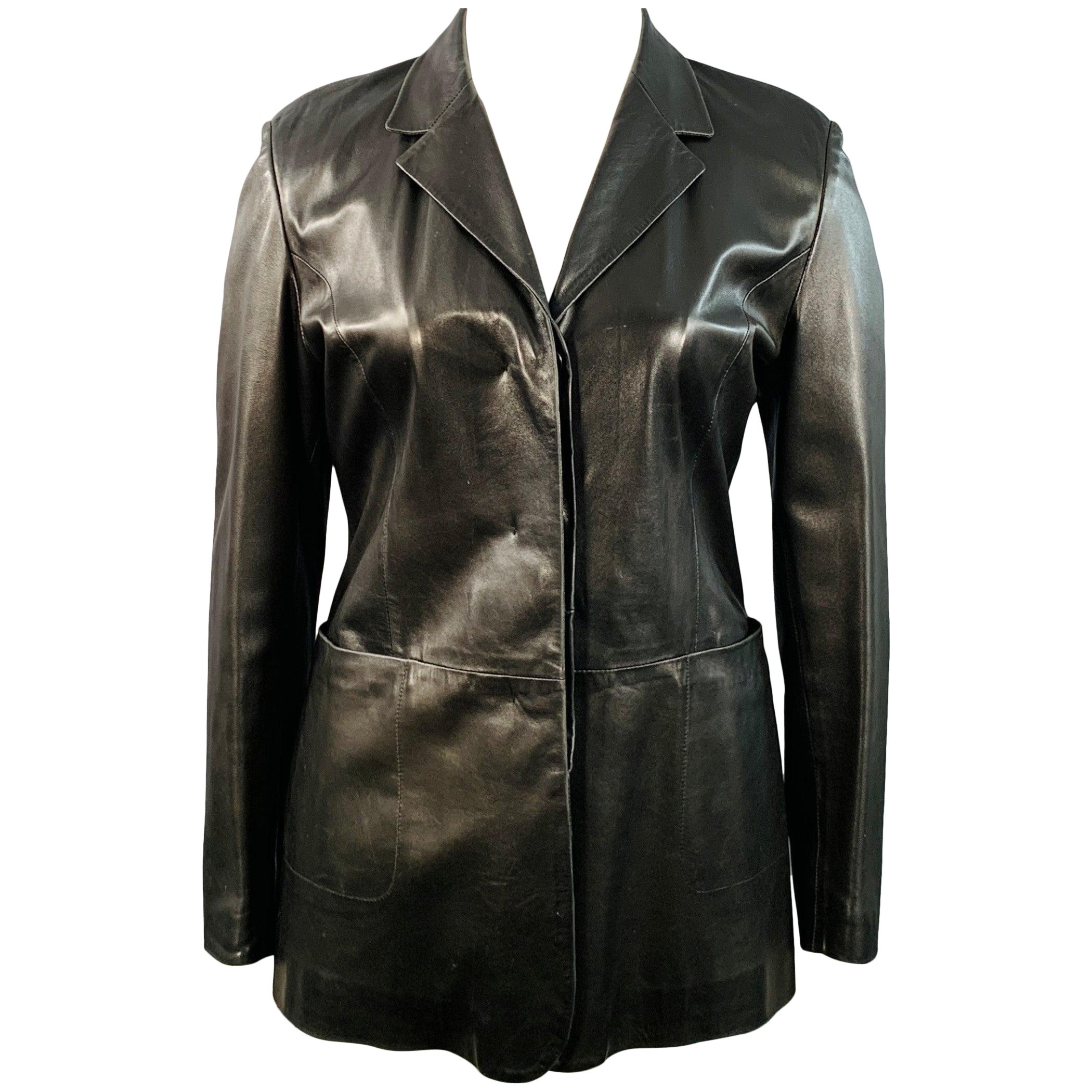 BALLY Taille 12 Veste en cuir noir à boutons cachés Blazer en vente