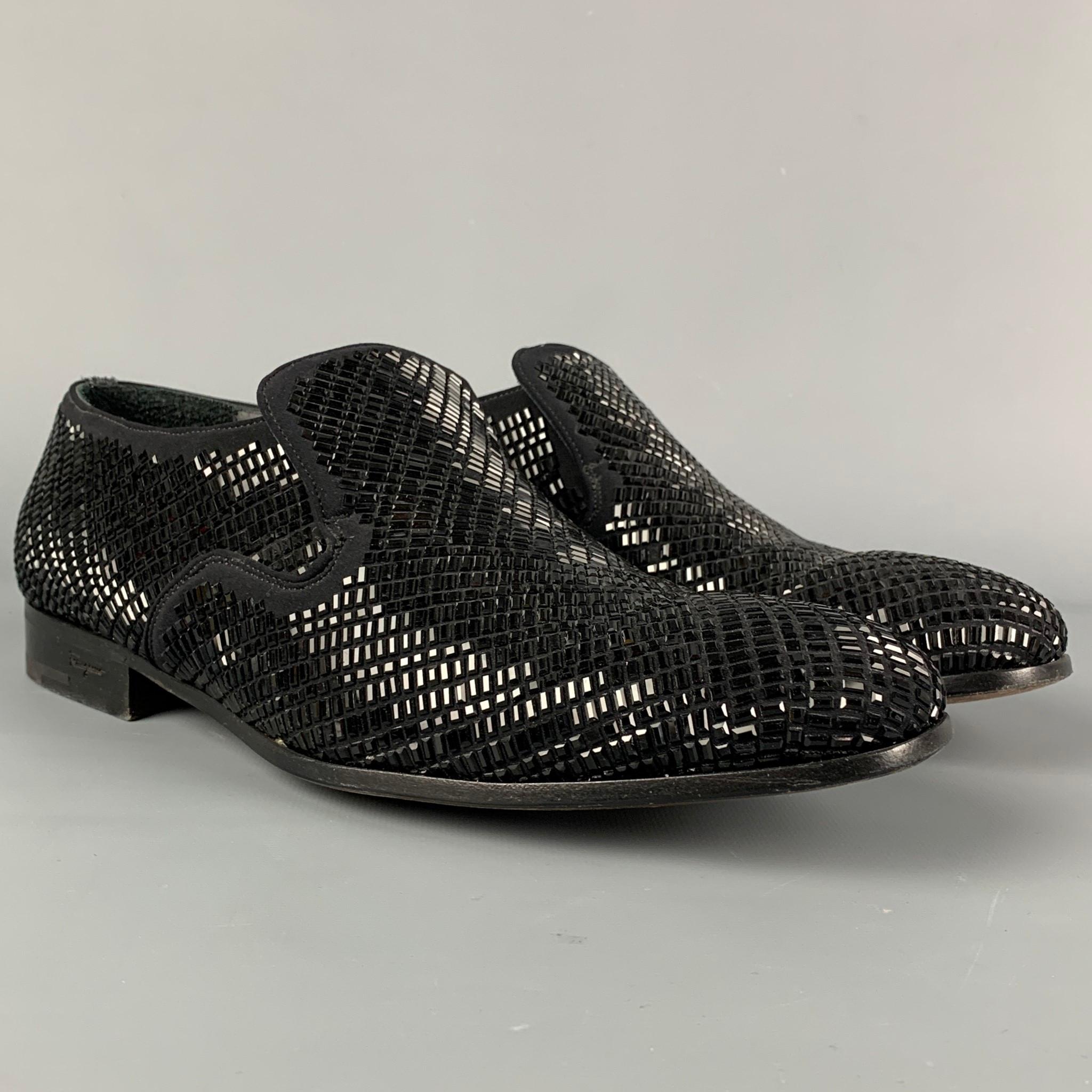 BALLY loafers comes in a black woven silk featuring a slip on style and a leather sole. Made in Italy.

Very Good Pre-Owned Condition.
Marked: 12 M

Outsole: 12 in. x 4 in. 