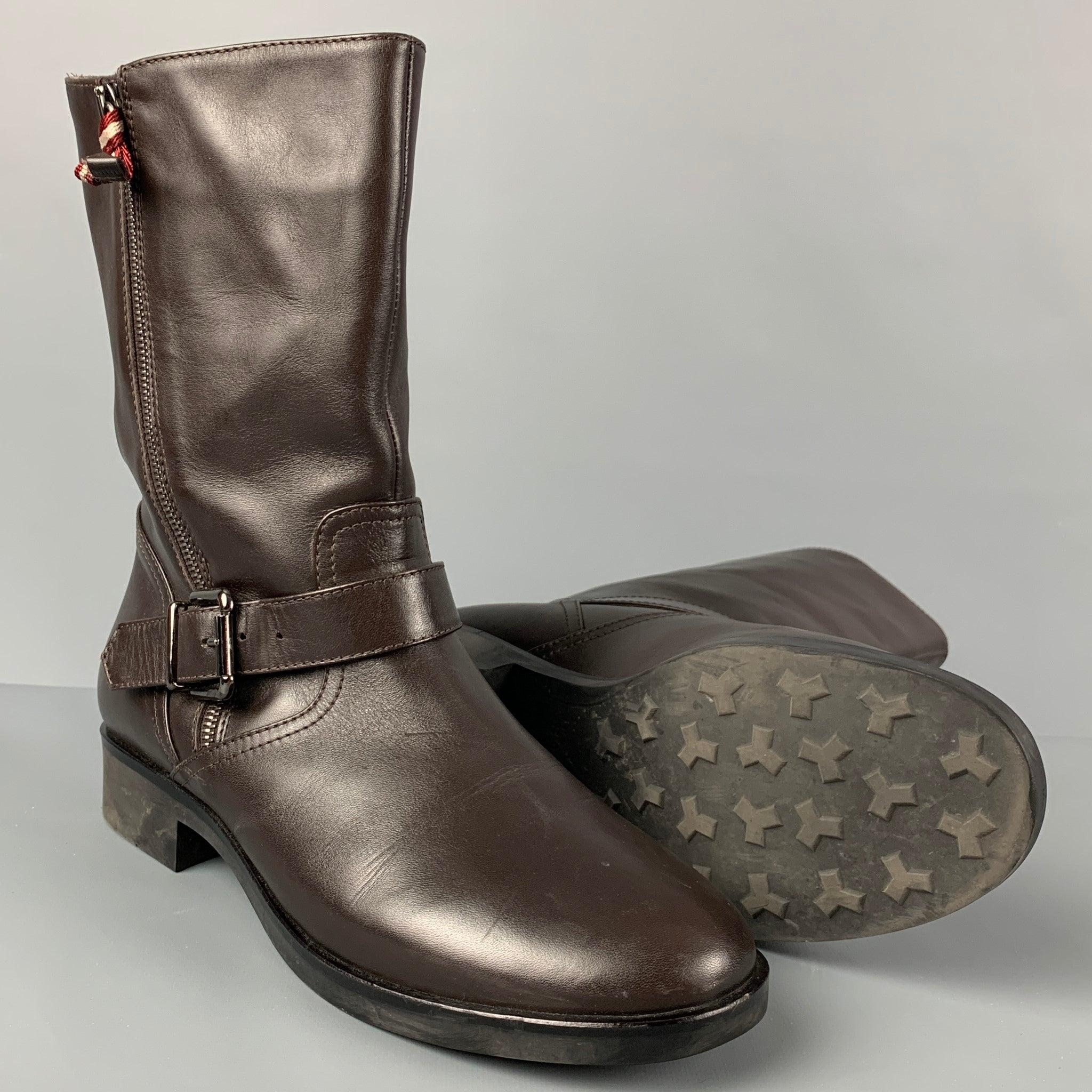BALLY Size 12 Brown Leather Belted Desia Boots In Good Condition For Sale In San Francisco, CA