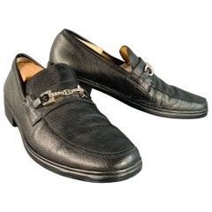 BALLY Size 12 Cadore Black Silver Tone Pebble Grain Leather Horsebit Loafers