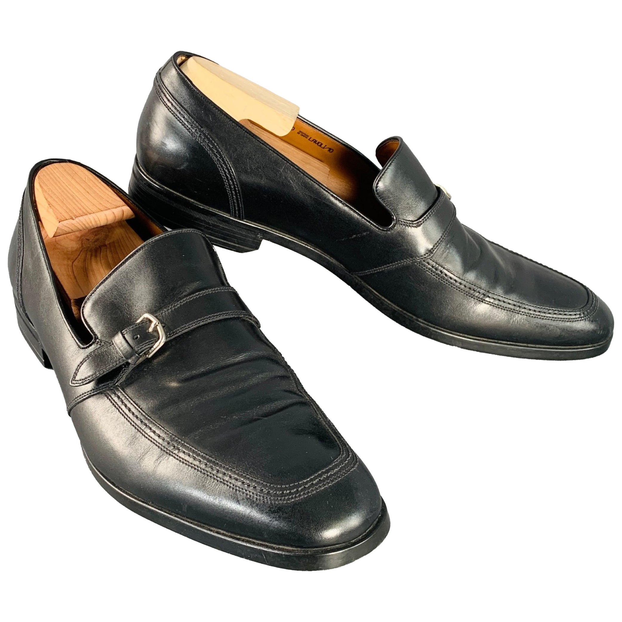 BALLY Size 12 Lavoli Black Silver Leather Buckle Loafers