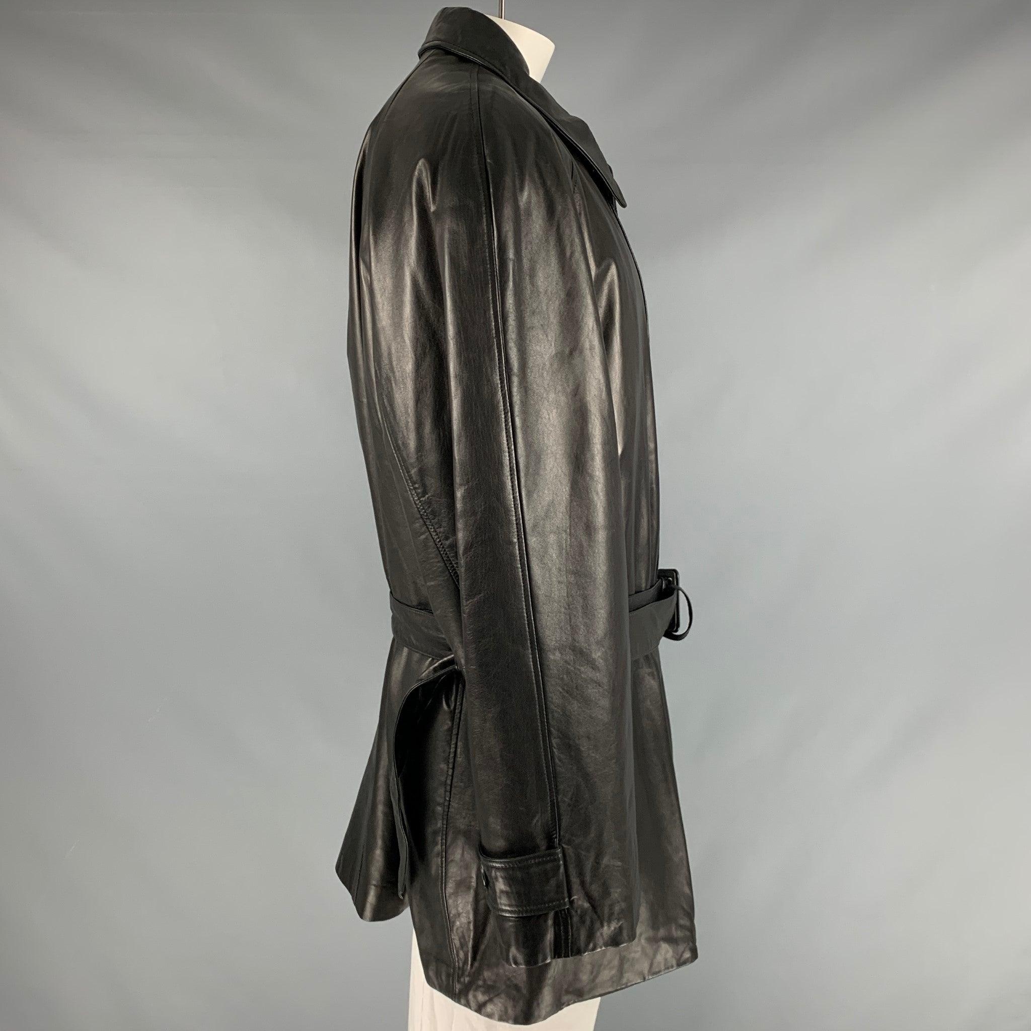 BALLY Size 48 Black Leather Zip Buttons Coat In Good Condition For Sale In San Francisco, CA