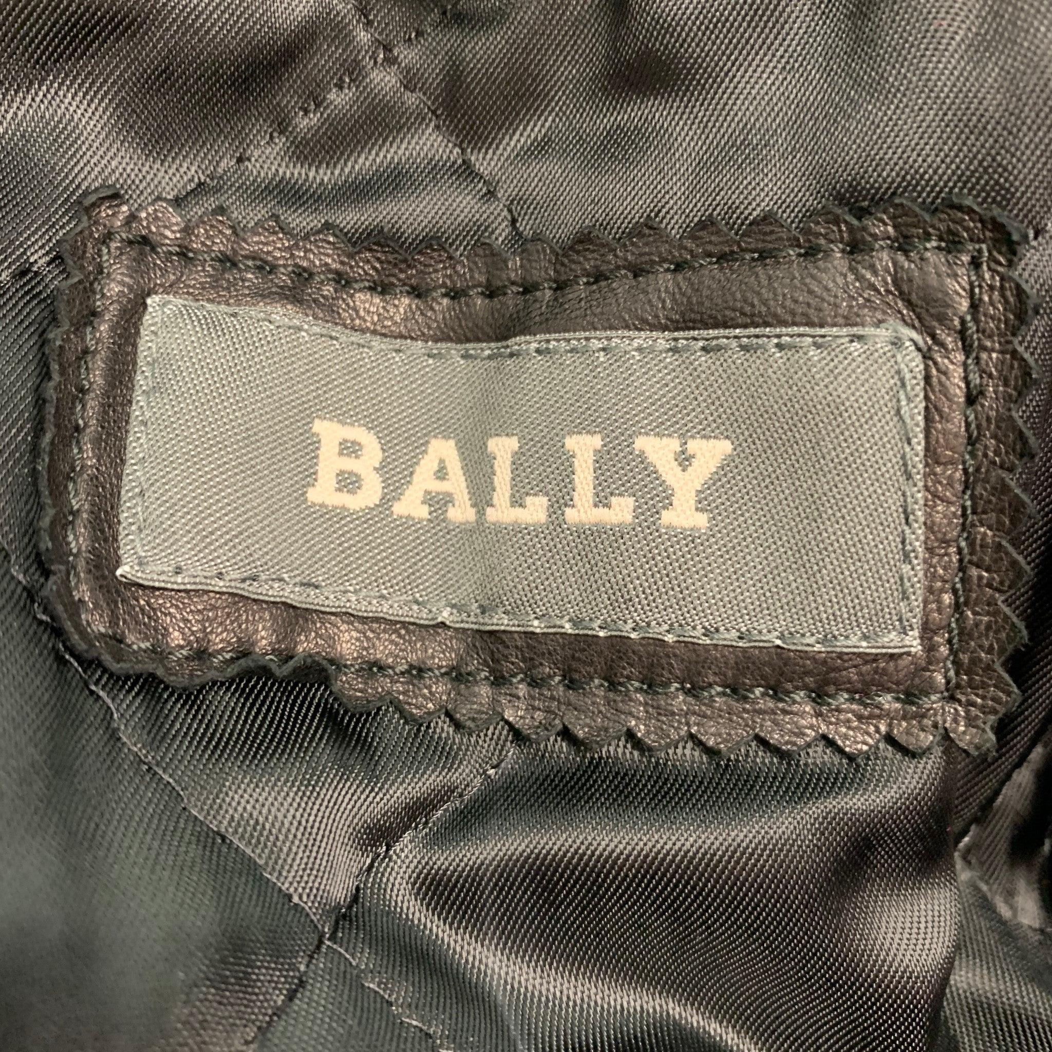 BALLY Size 48 Black Leather Zip Buttons Coat For Sale 1