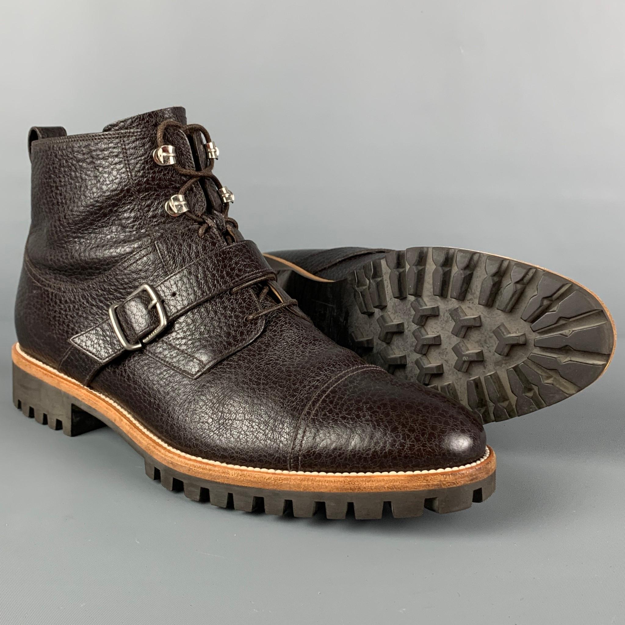 BALLY Size 8.5 Brown Pebble Grain Leather Belted Powell Boots In Good Condition In San Francisco, CA