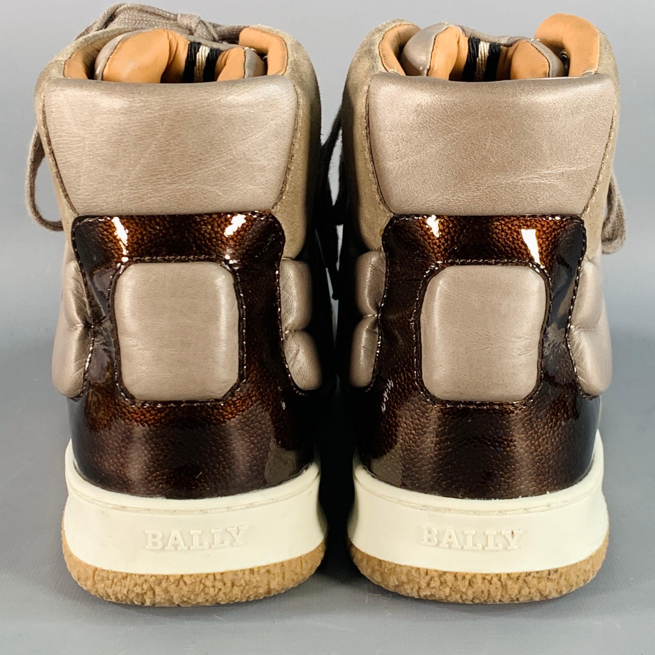 BALLY Size 8.5 Brown Taupe Color Block Leather High Top Sneakers In Good Condition For Sale In San Francisco, CA