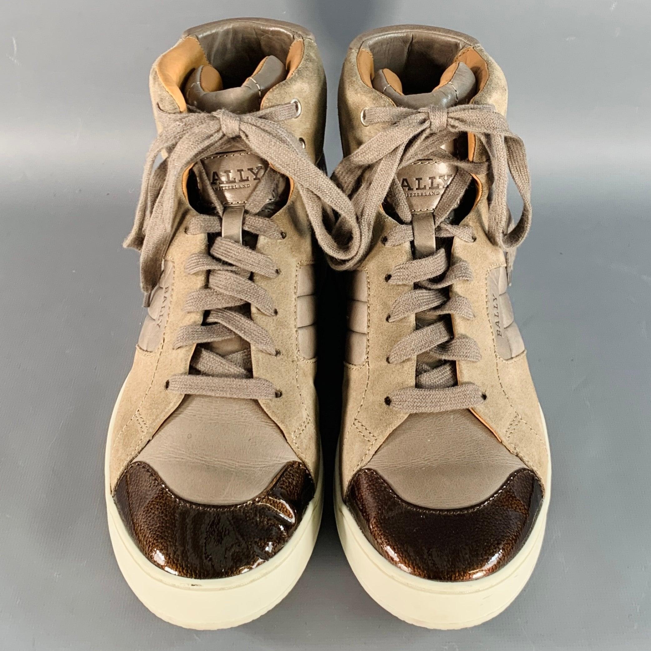 Men's BALLY Size 8.5 Brown Taupe Color Block Leather High Top Sneakers For Sale