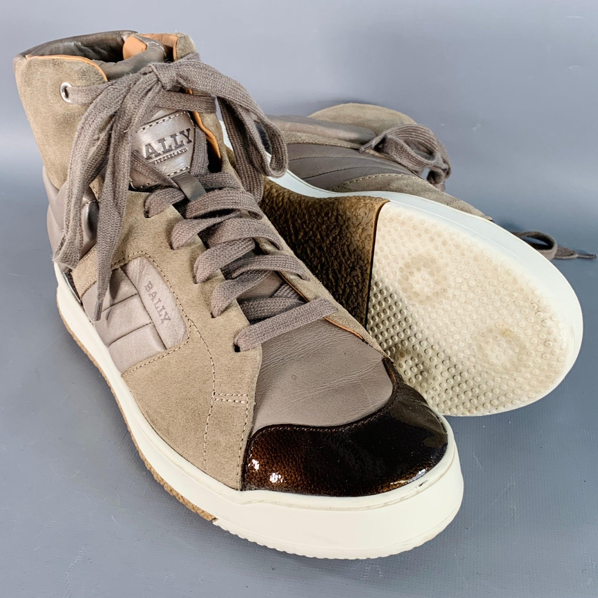 BALLY Size 8.5 Brown Taupe Color Block Leather High Top Sneakers For Sale 1