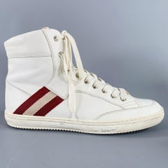 BALLY Size 8.5 -Oldani- White Red Ribbon Trim Leather High Top Sneakers